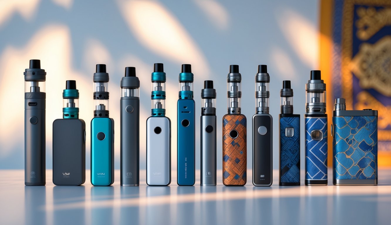 Berbagai jenis vape populer di Indonesia tersusun rapi di atas permukaan bersih dengan latar belakang samar yang menampilkan motif tradisional Indonesia.