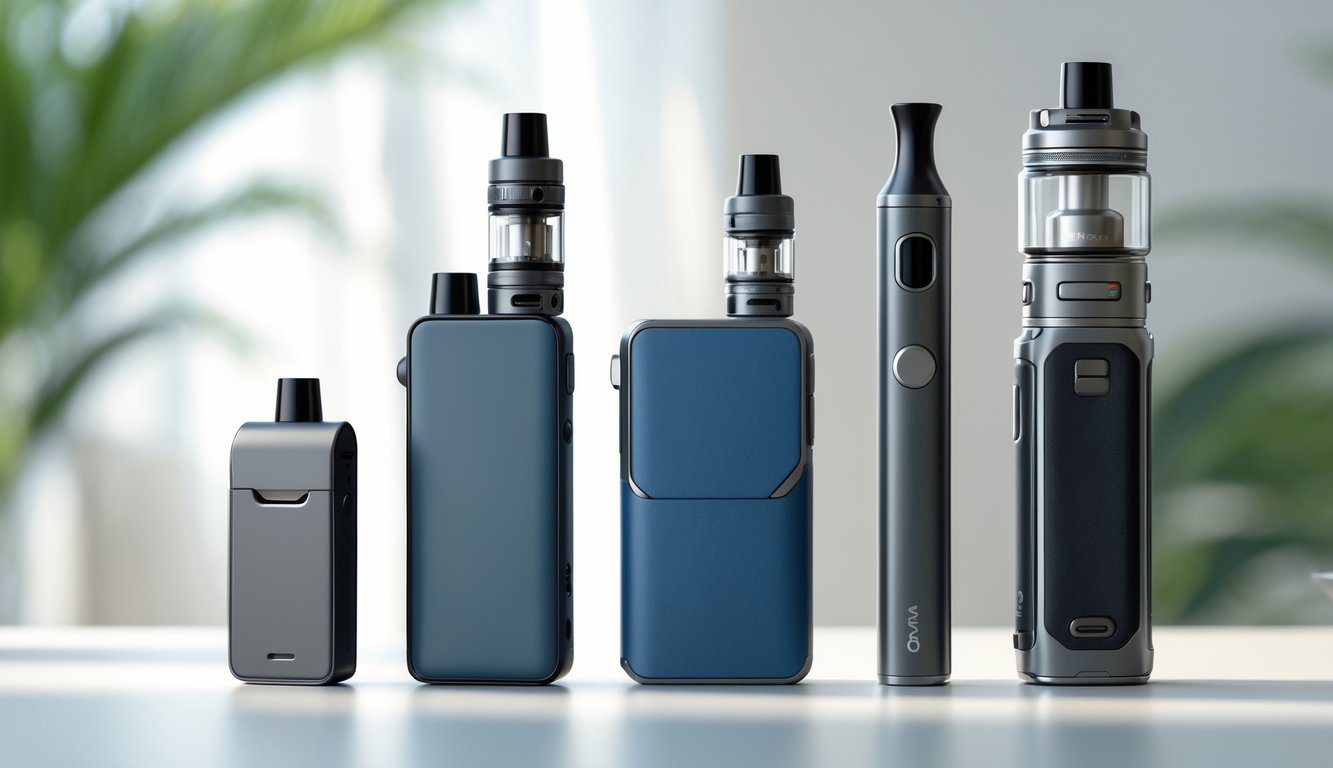 Berbagai jenis perangkat vape seperti pod, vape pen, dan vape mod yang tersusun rapi di atas permukaan putih.