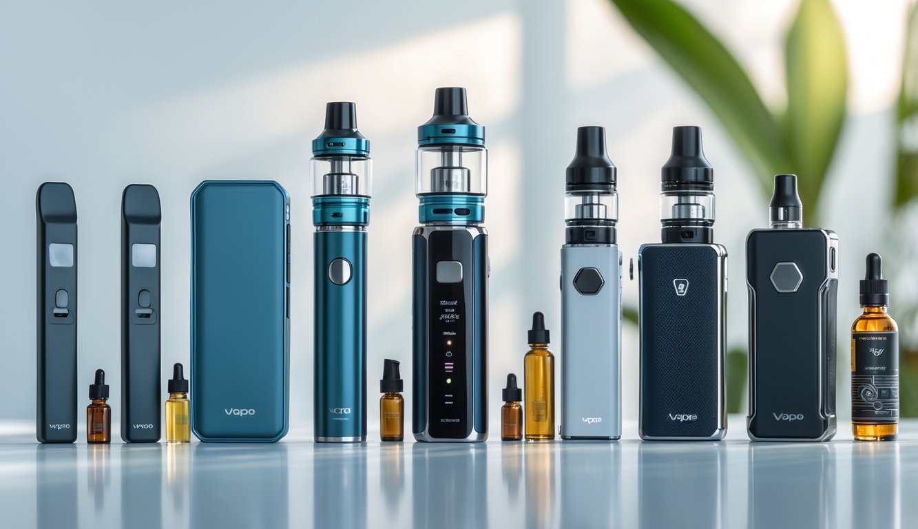 Berbagai jenis perangkat vape seperti pod, vape pen, dan mod kotak tersusun rapi di atas permukaan putih.