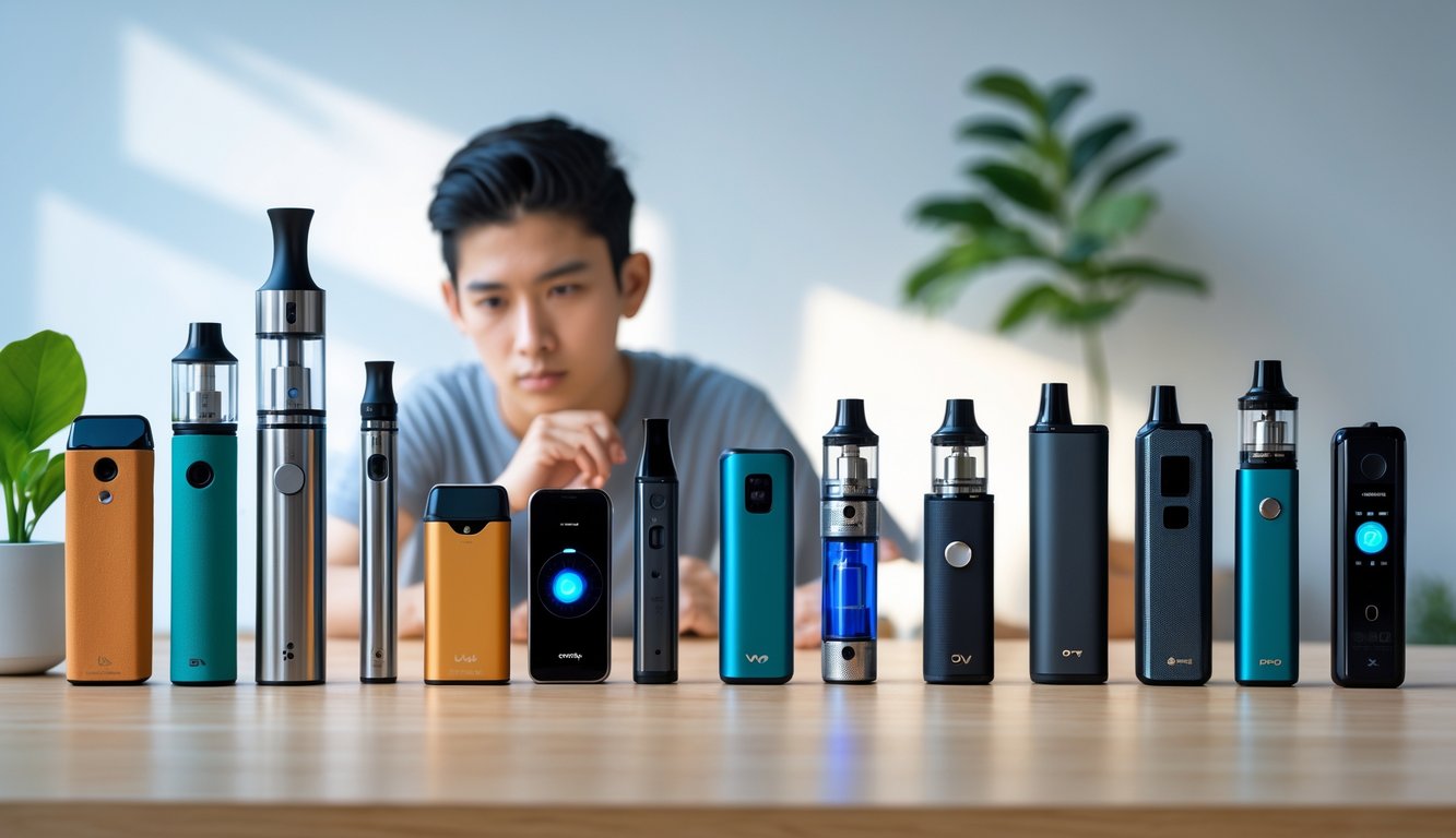 Berbagai jenis vape diletakkan di atas meja kayu dengan seorang dewasa muda sedang memperhatikan salah satu vape.