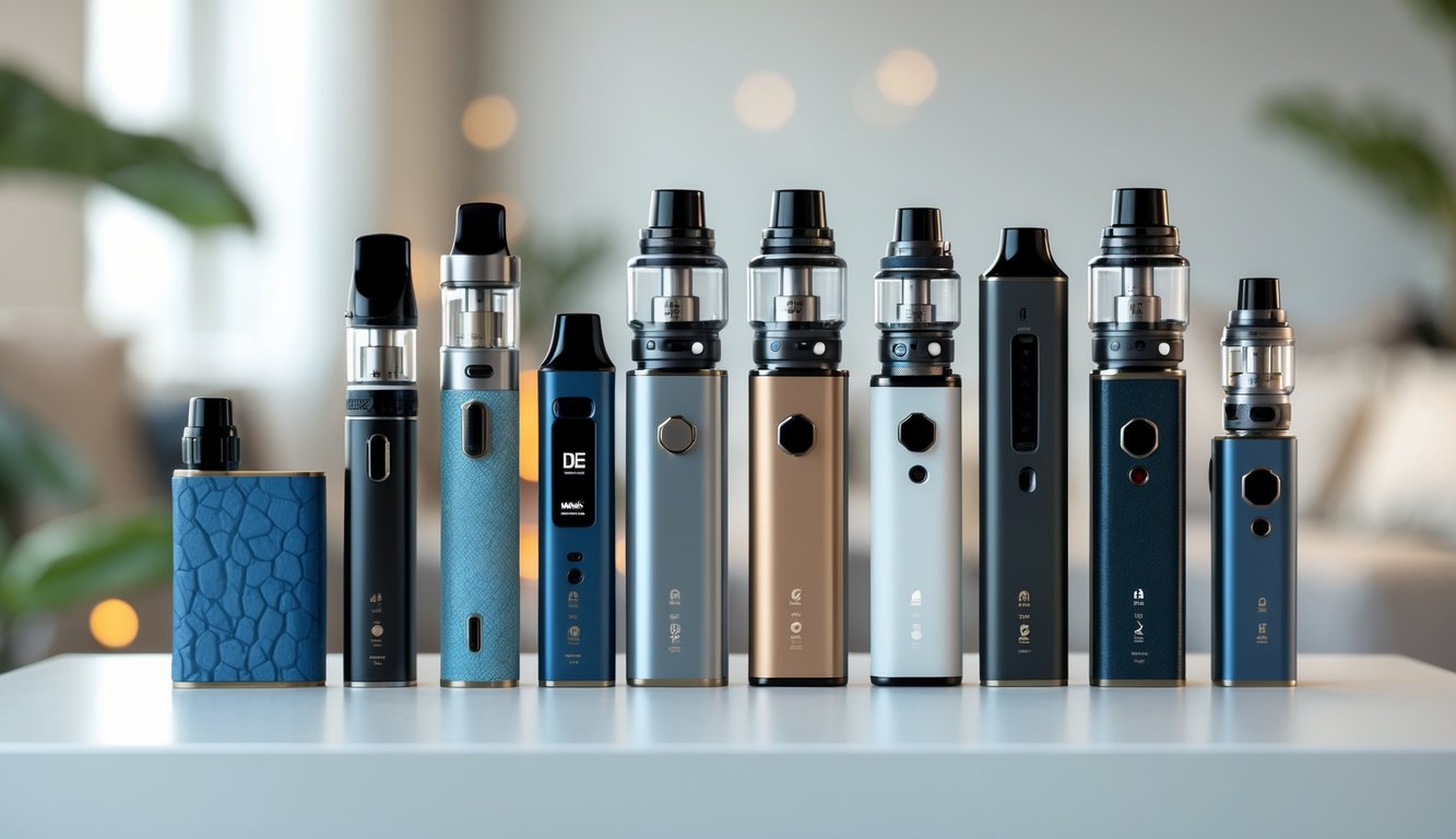 Berbagai jenis perangkat vape ditata rapi di atas permukaan putih dengan latar belakang ruangan yang nyaman.