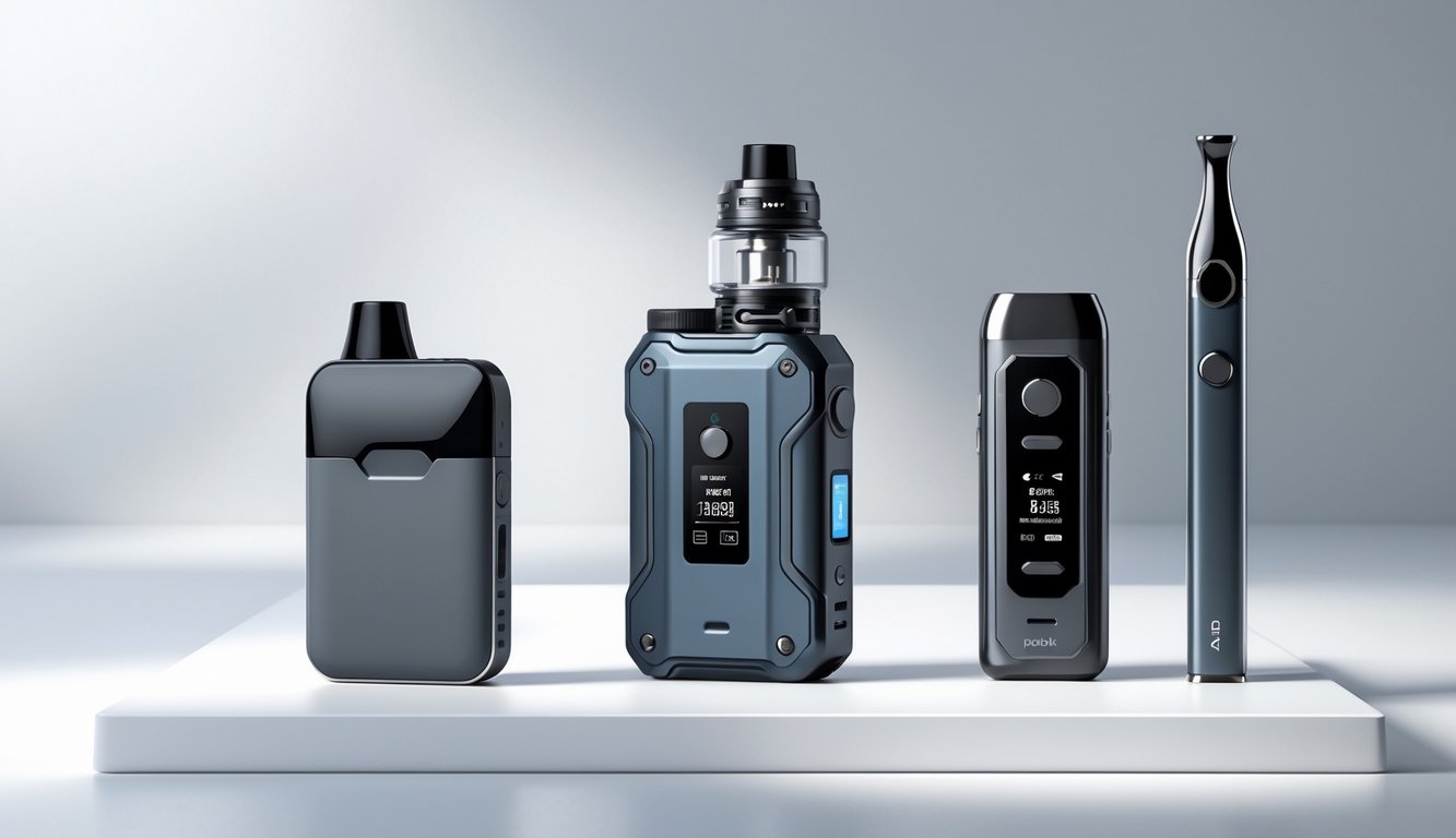 Tiga jenis perangkat vape berbeda yang diletakkan berdampingan di atas permukaan putih.