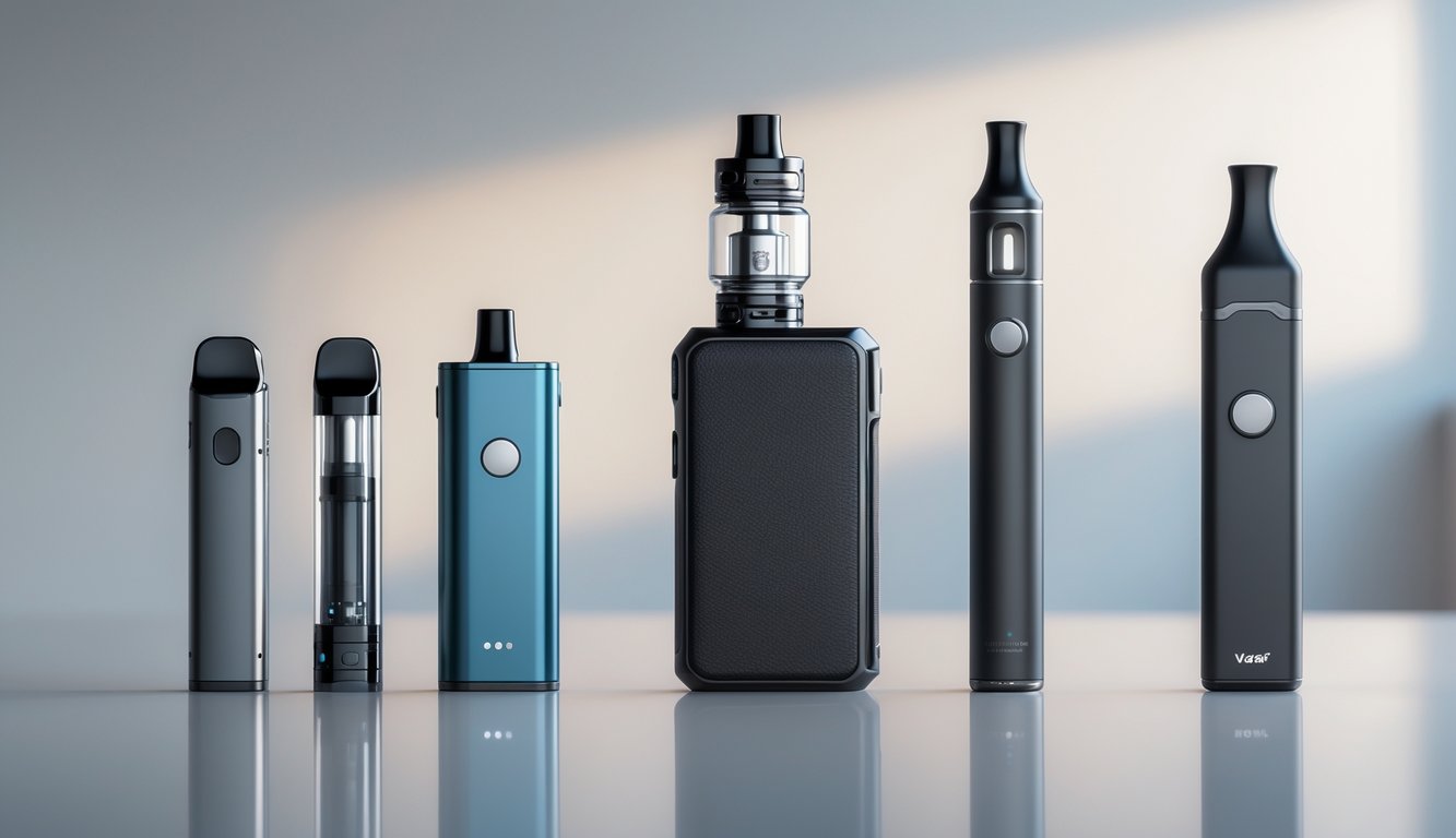 Tiga perangkat vape berbeda yaitu vape pod, vape mod, dan vape pen yang disusun rapi di atas permukaan bersih.