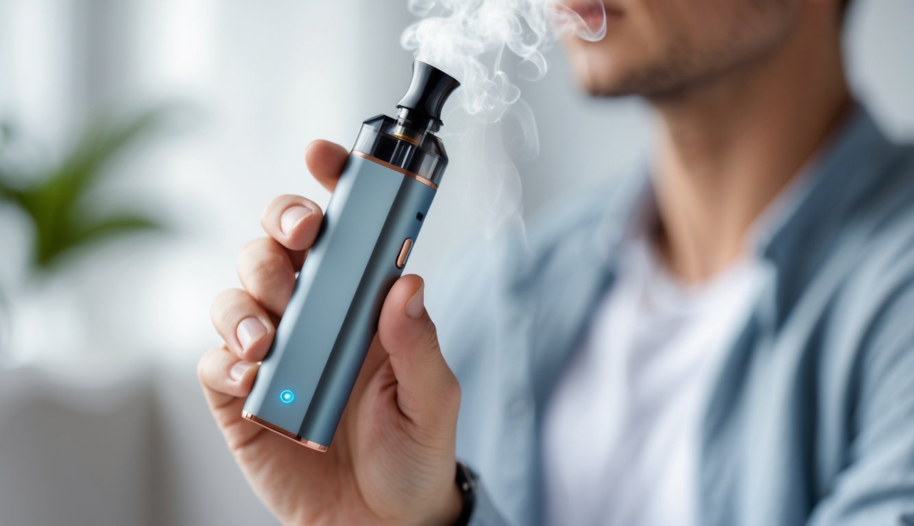Seorang dewasa muda memegang vape yang mudah digunakan di latar belakang yang samar.