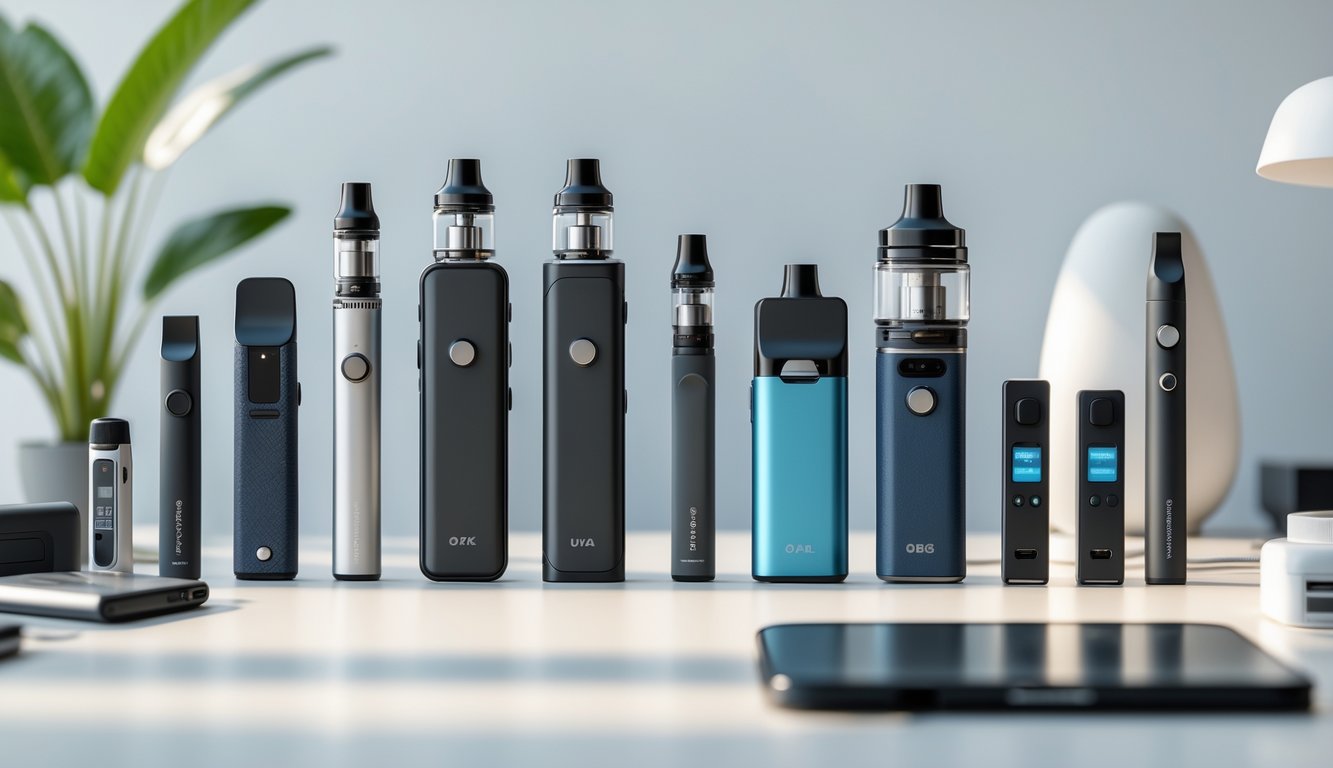 Meja kerja dengan beberapa perangkat vape sederhana dan praktis untuk pemula yang tertata rapi.