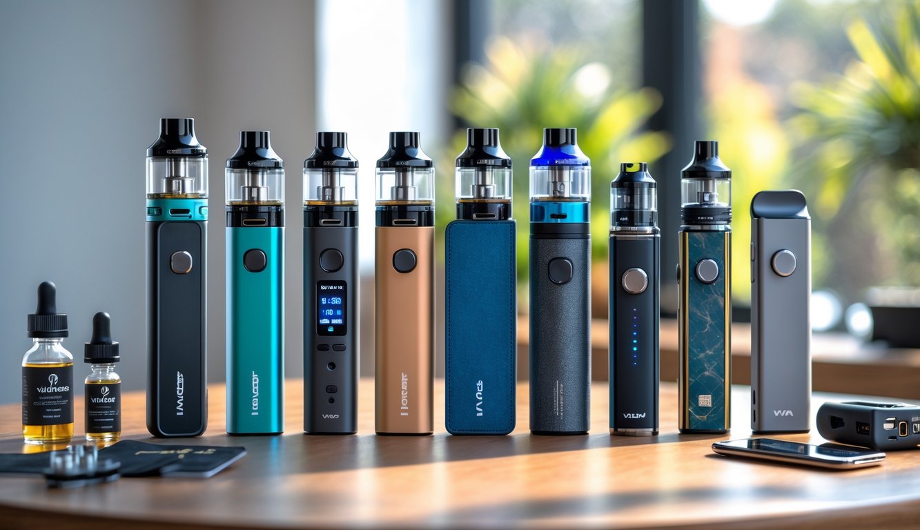 Berbagai jenis vape yang diletakkan rapi di atas meja kayu dengan latar belakang ruangan yang terang dan alami.
