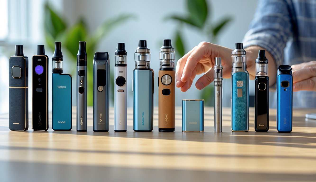 Berbagai jenis vape tersusun rapi di atas meja kayu dengan tangan seseorang sedang memilih salah satu vape.