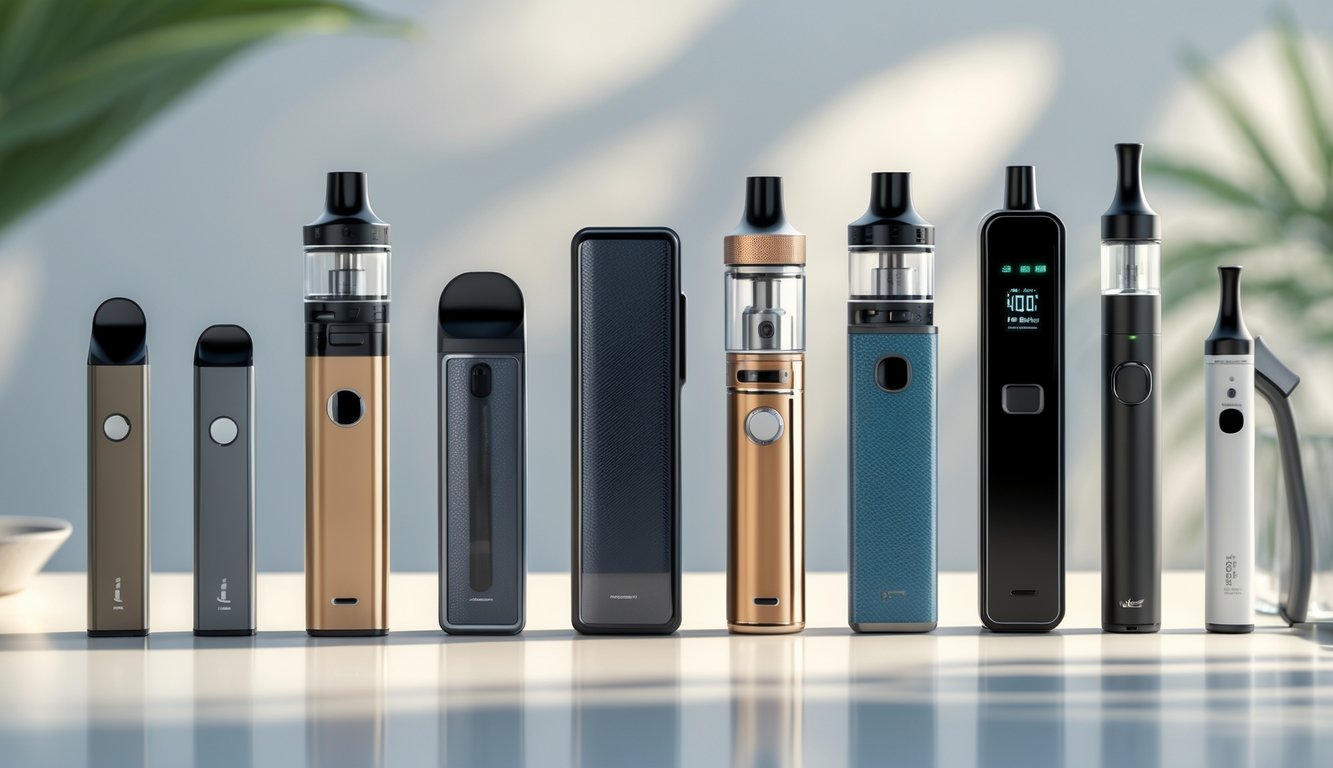 Berbagai jenis alat vape dengan bentuk dan kegunaan berbeda ditata rapi di atas permukaan putih.