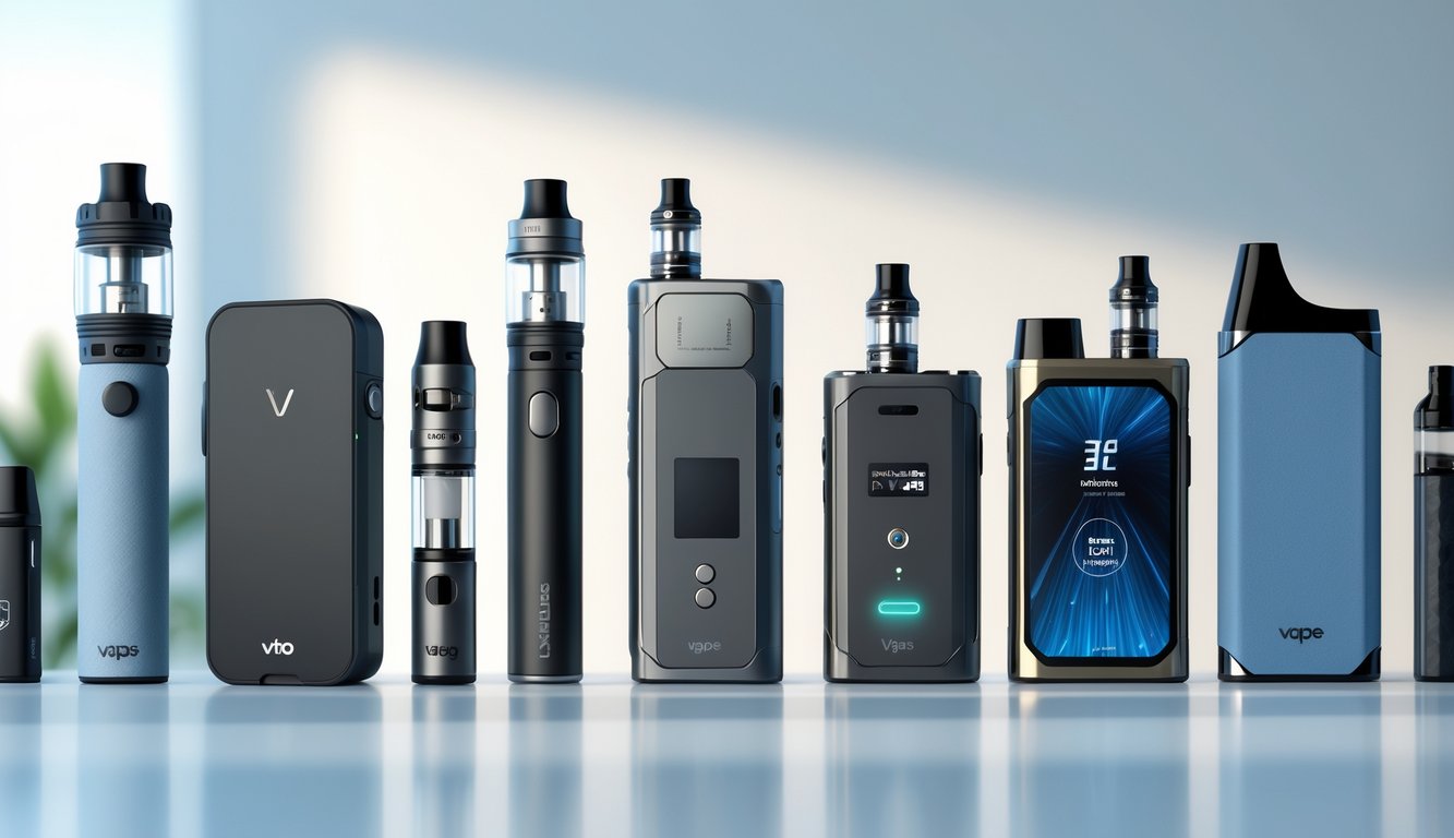 Beragam jenis perangkat vape dengan berbagai bentuk dan fungsi ditata rapi di atas permukaan bersih.