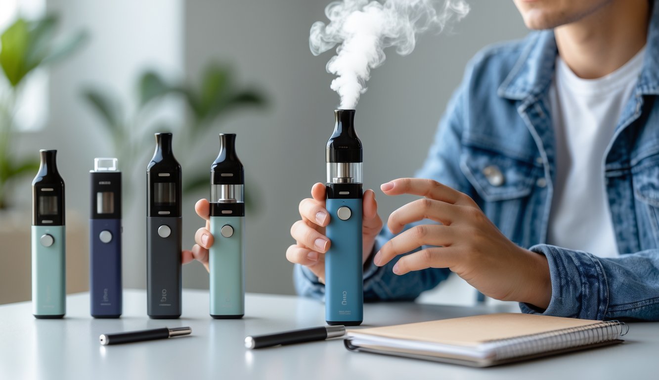 Seorang pemula menggunakan vape yang aman di meja dengan beberapa model vape dan buku catatan di ruangan yang terang dan rapi.