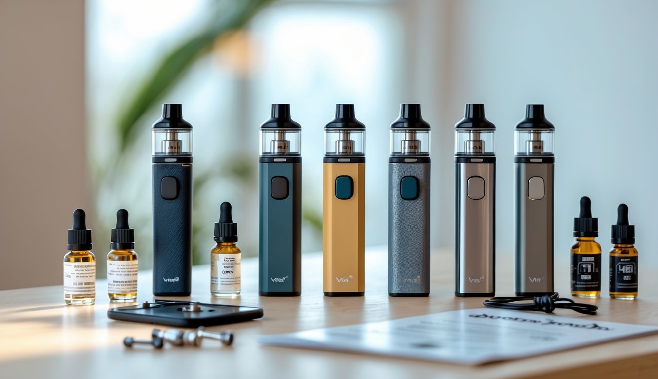 Beberapa perangkat vape yang aman untuk pemula diletakkan rapi di atas meja kayu dengan latar belakang yang samar.