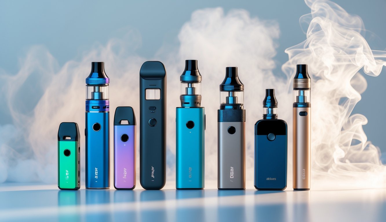 Berbagai jenis vape populer yang tersusun rapi di atas meja putih dengan uap tipis yang naik di latar belakang.
