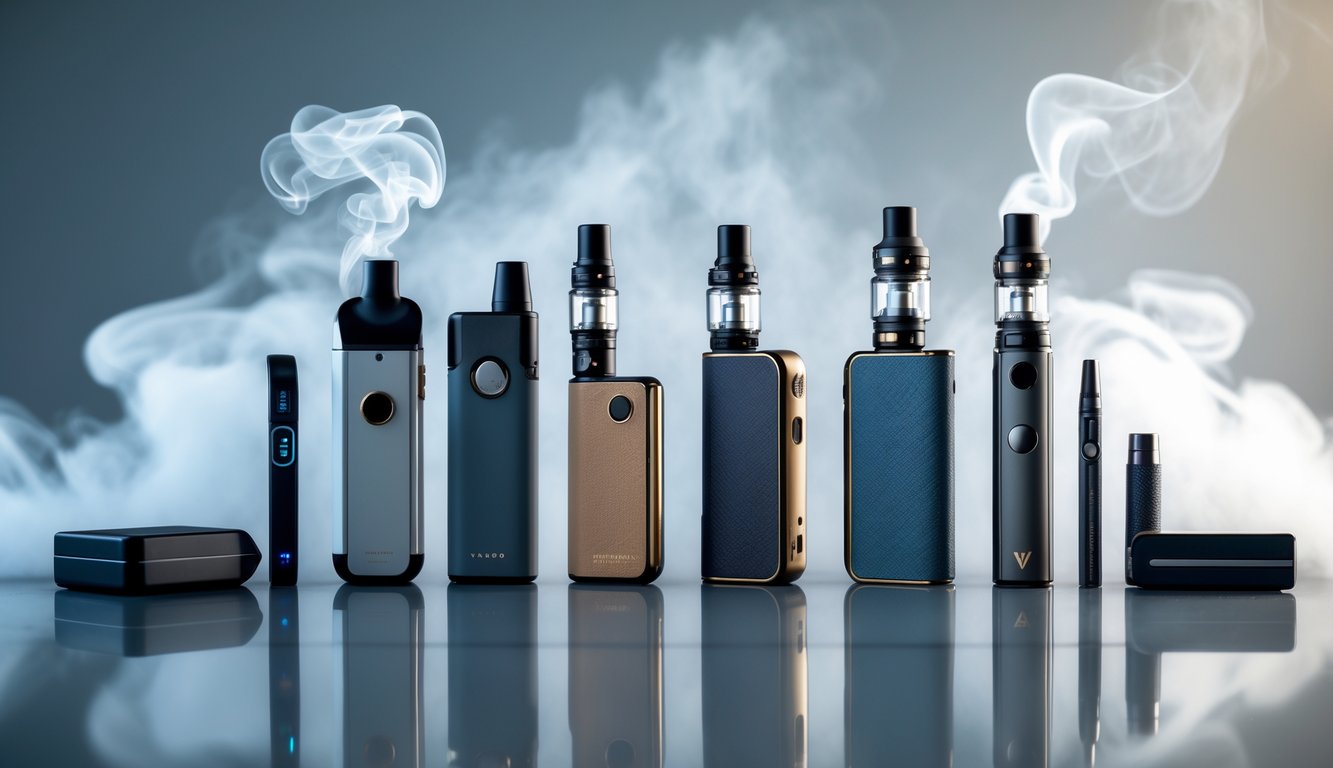 Berbagai jenis vape modern dengan desain berbeda tersusun rapi di atas permukaan reflektif dengan asap tipis di latar belakang.