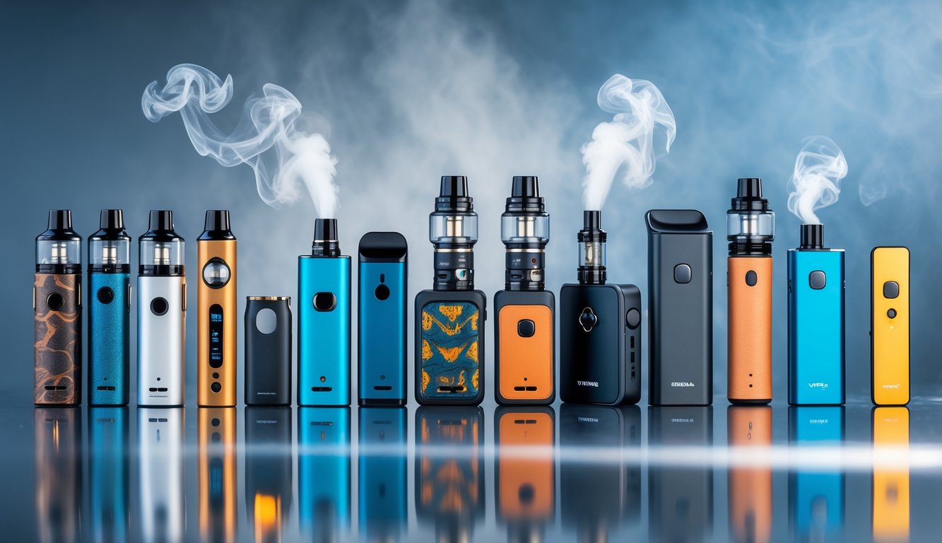 Berbagai jenis perangkat vape modern yang tersusun rapi dengan uap tipis yang naik dari beberapa perangkat.