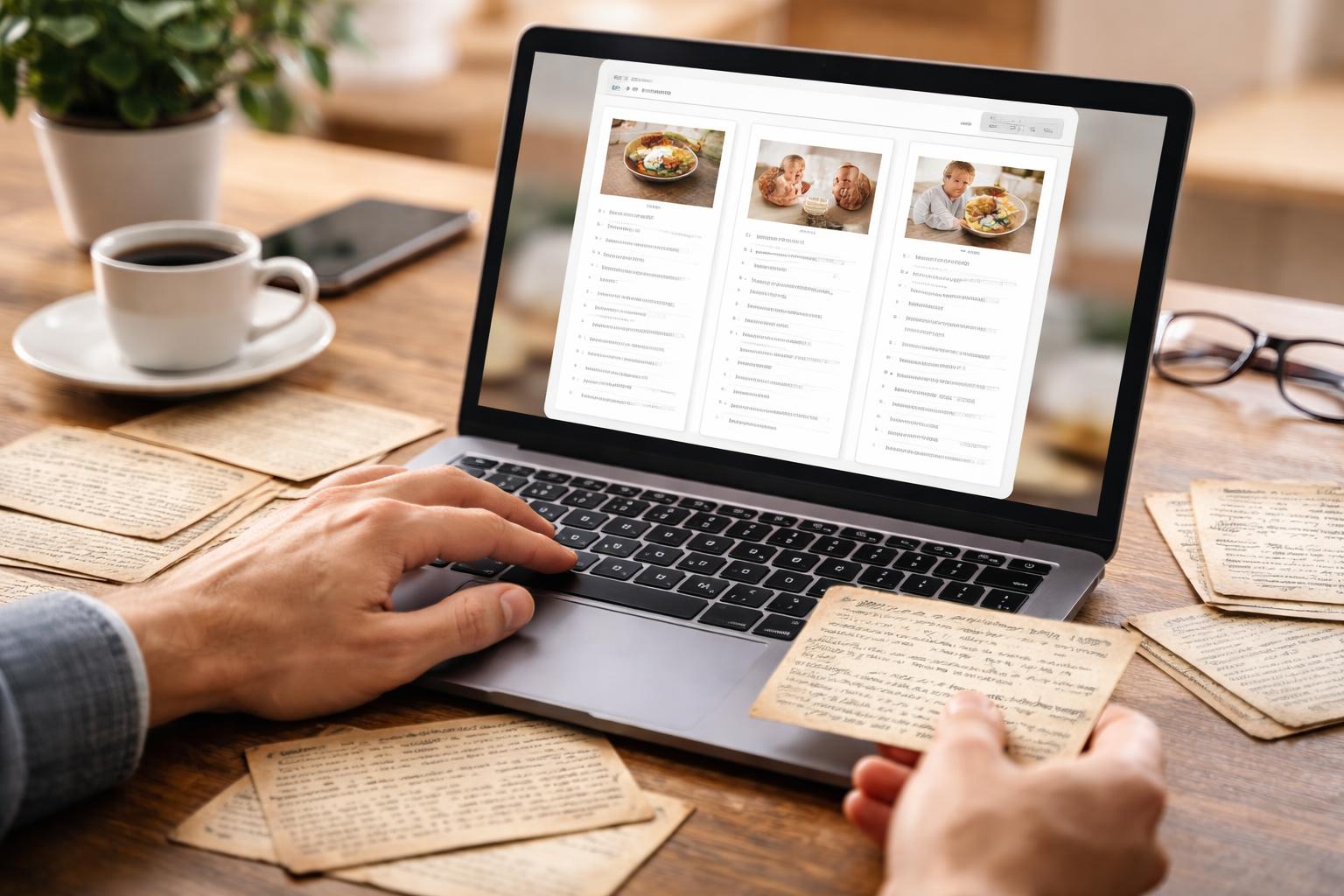 A person using a laptop at a wooden table with old handwritten recipe cards spread around, showing digital organization of the recipes on the screen.