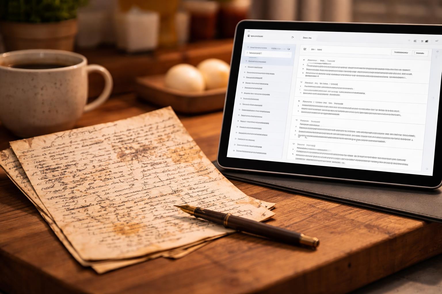 Close-up of an old handwritten recipe card next to a digital device showing organized information, placed on a wooden kitchen countertop.