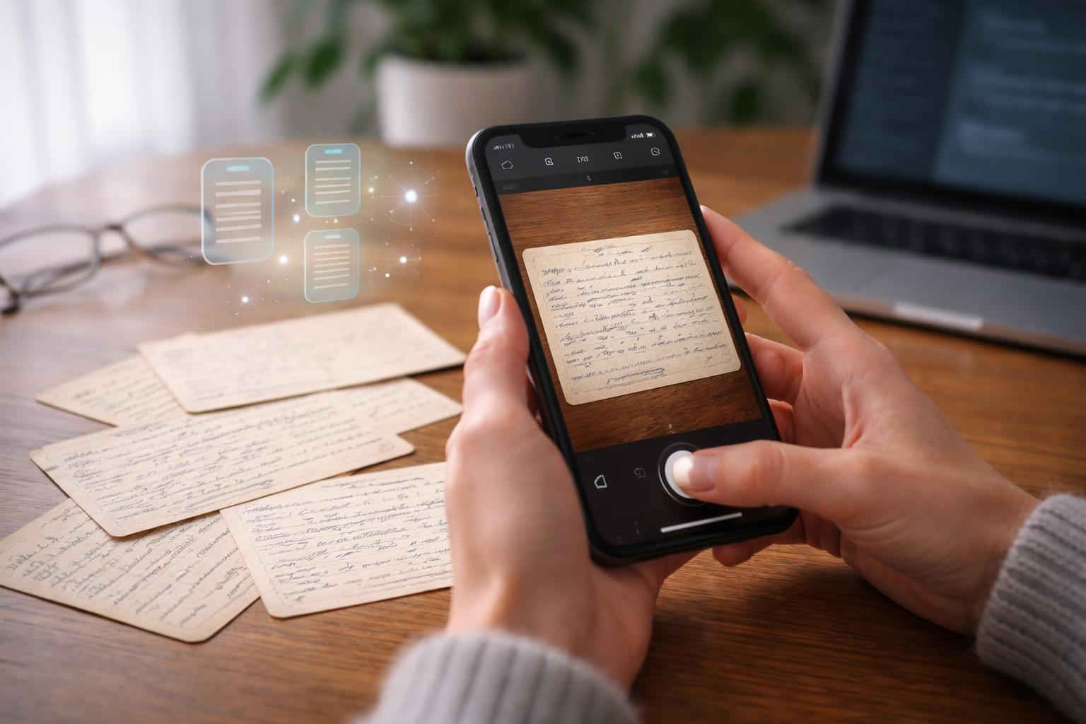 A person using an iPhone to scan old handwritten recipe cards on a wooden table with digital icons floating nearby.