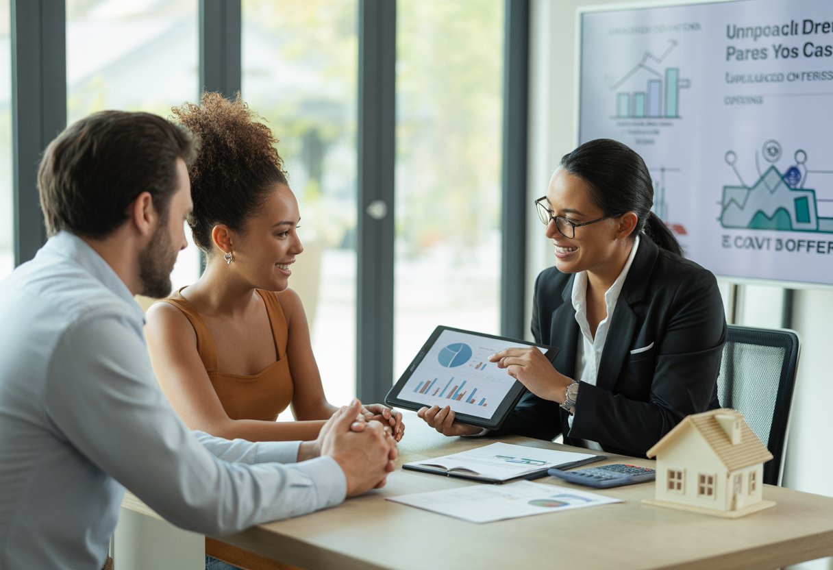 A real estate agent discussing home selling options with a couple in a bright office, with documents and a tablet on the desk.