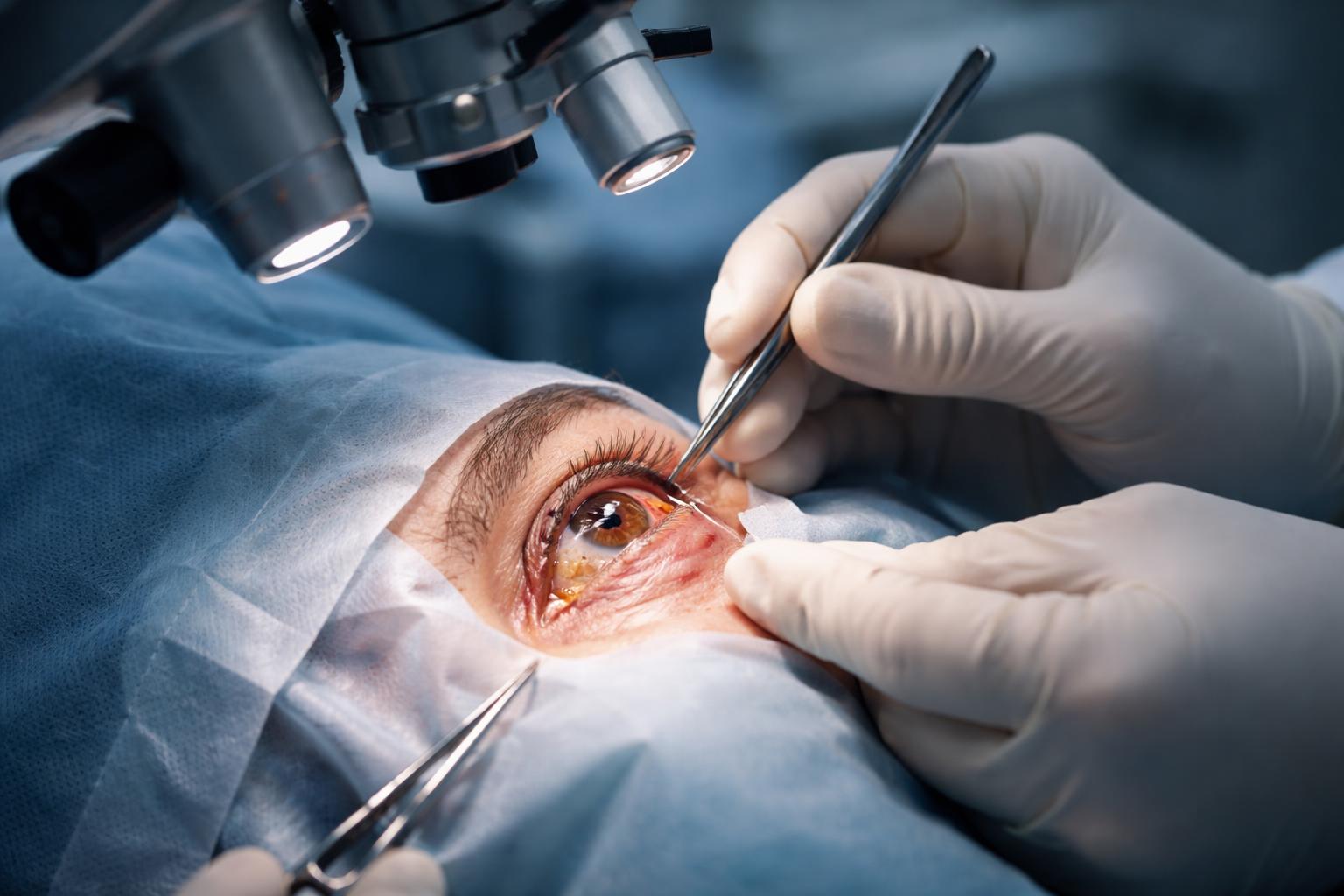 Close-up of a surgeon examining a patient's eye in an operating room showing signs of post-surgery complications.