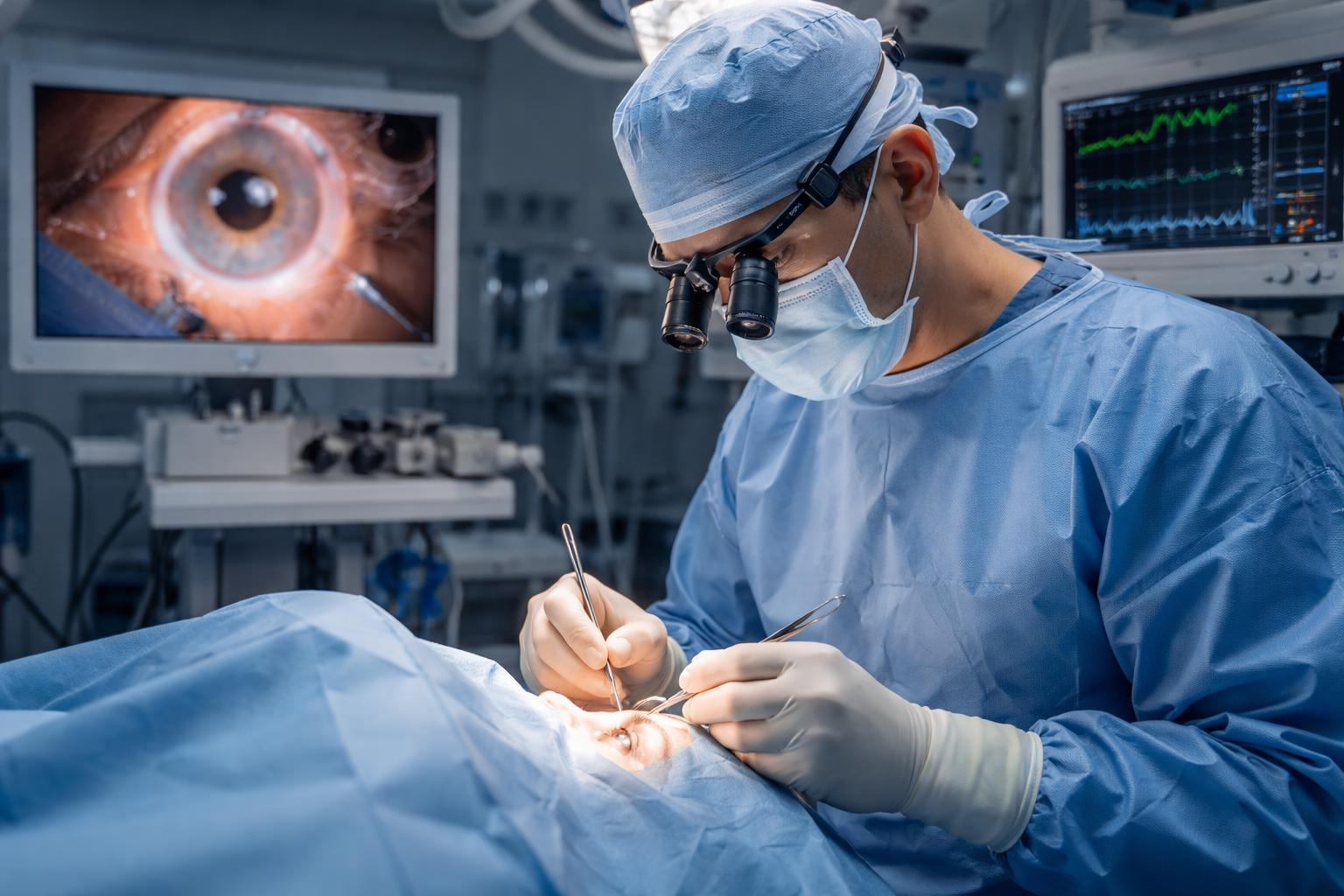 Surgeon performing delicate eye surgery in a modern operating room with medical equipment surrounding the patient.