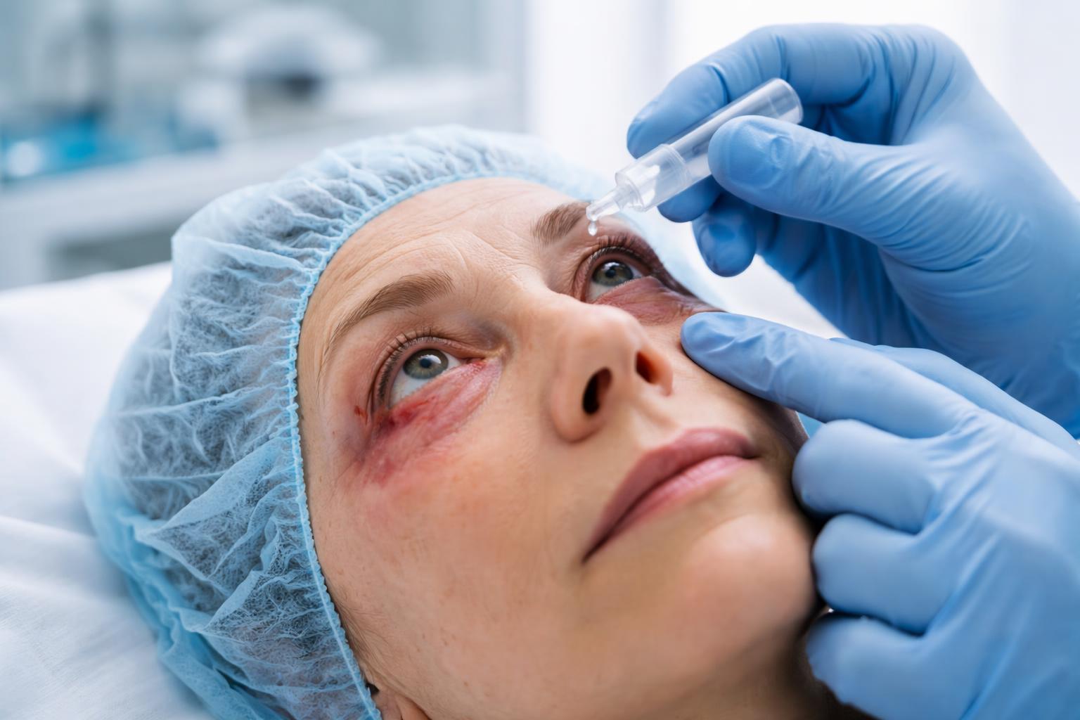 A medical professional examining a patient's red and swollen eye in a clinical setting.