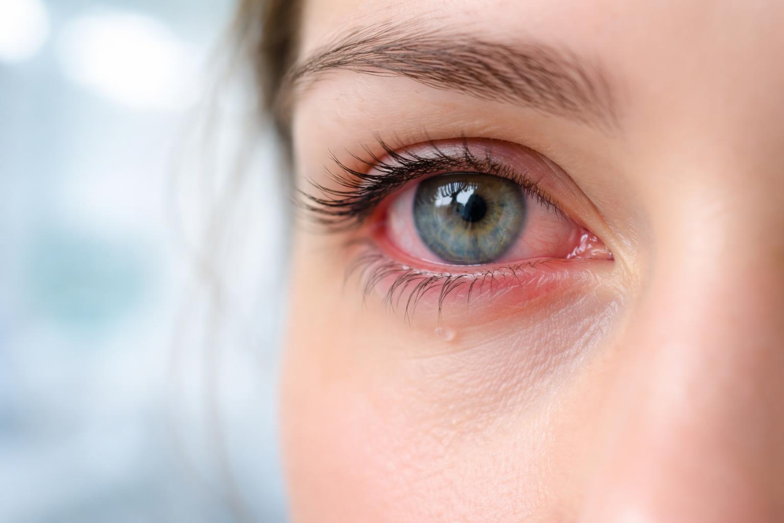 Close-up of a person's eye with slight redness and irritation, indicating eye surgery complications.