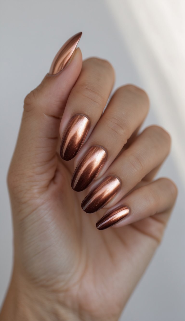 Close-up of one hand showing nails with a brown to copper metallic gradient design against a white background.