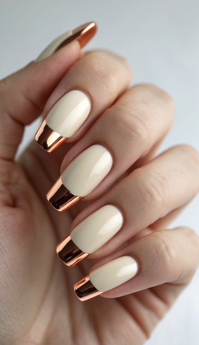 Close-up of one hand with manicured nails featuring copper chrome French tips on a cream base against a white background.