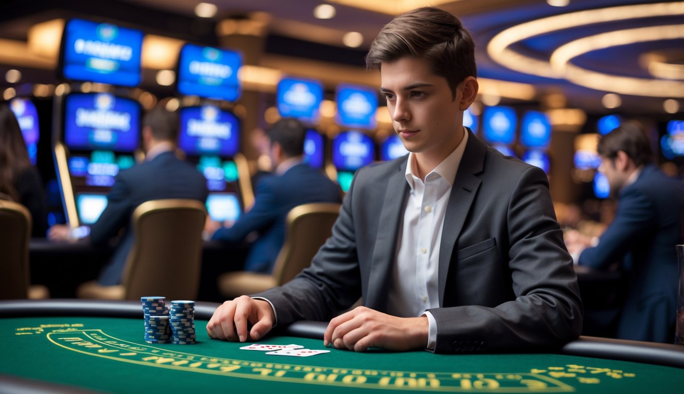 Seorang pemain pemula duduk di meja blackjack live casino dengan tumpukan chip kecil dan dealer profesional di latar belakang.