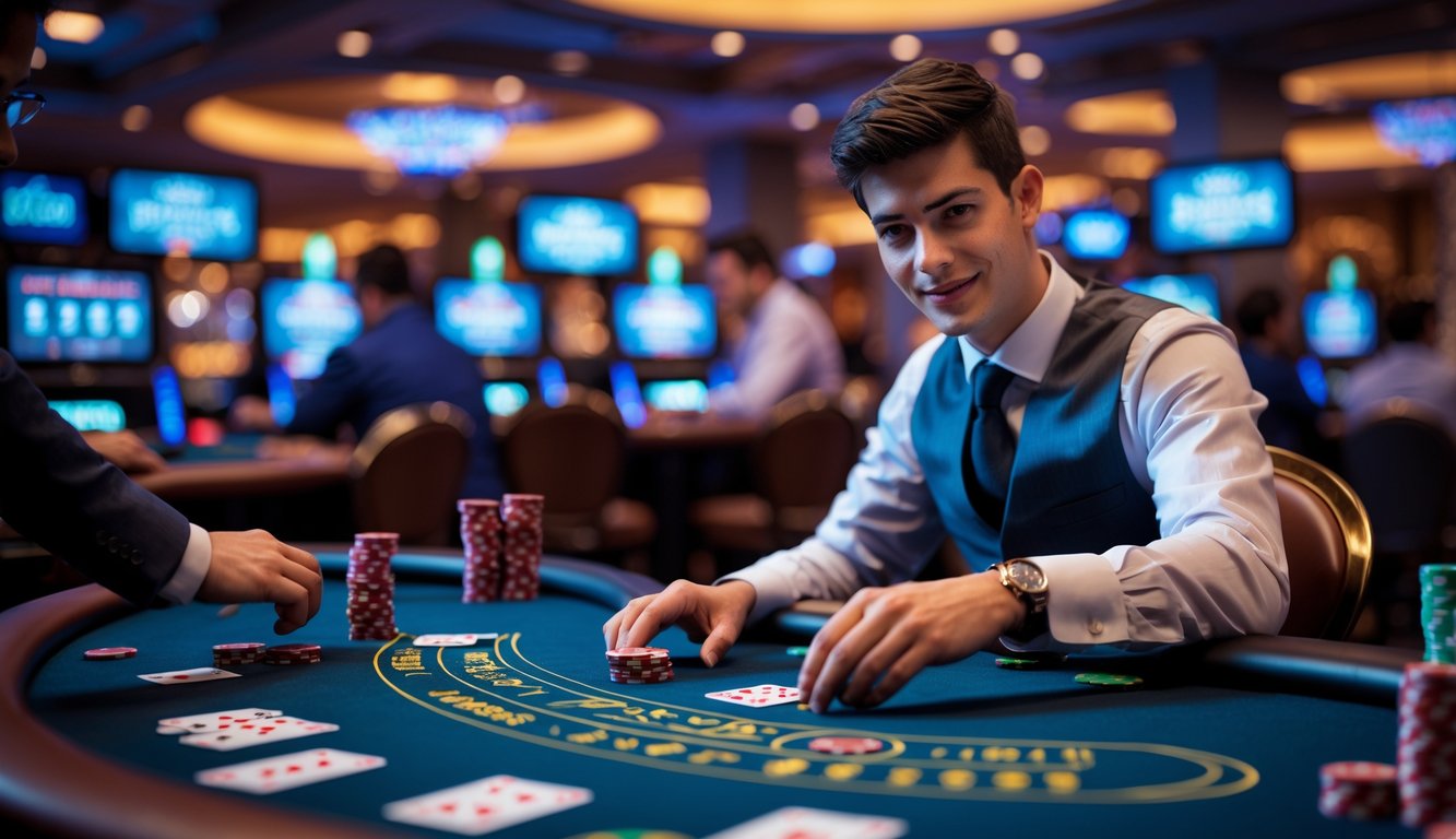 Seorang pemain muda sedang bermain blackjack di meja kasino dengan dealer yang membagikan kartu dan tumpukan chip kecil di meja.