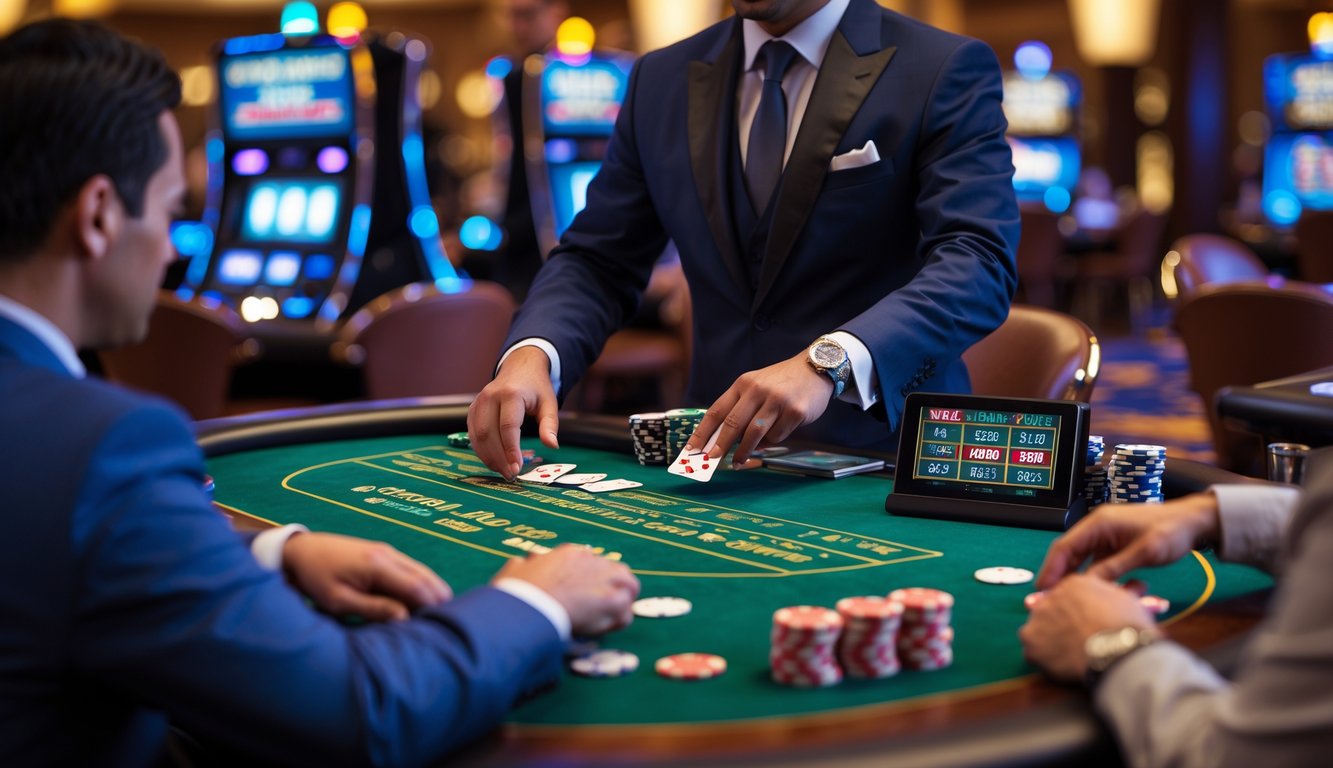 Seorang dealer dan pemain sedang bermain blackjack di meja kasino dengan suasana mewah dan fokus.