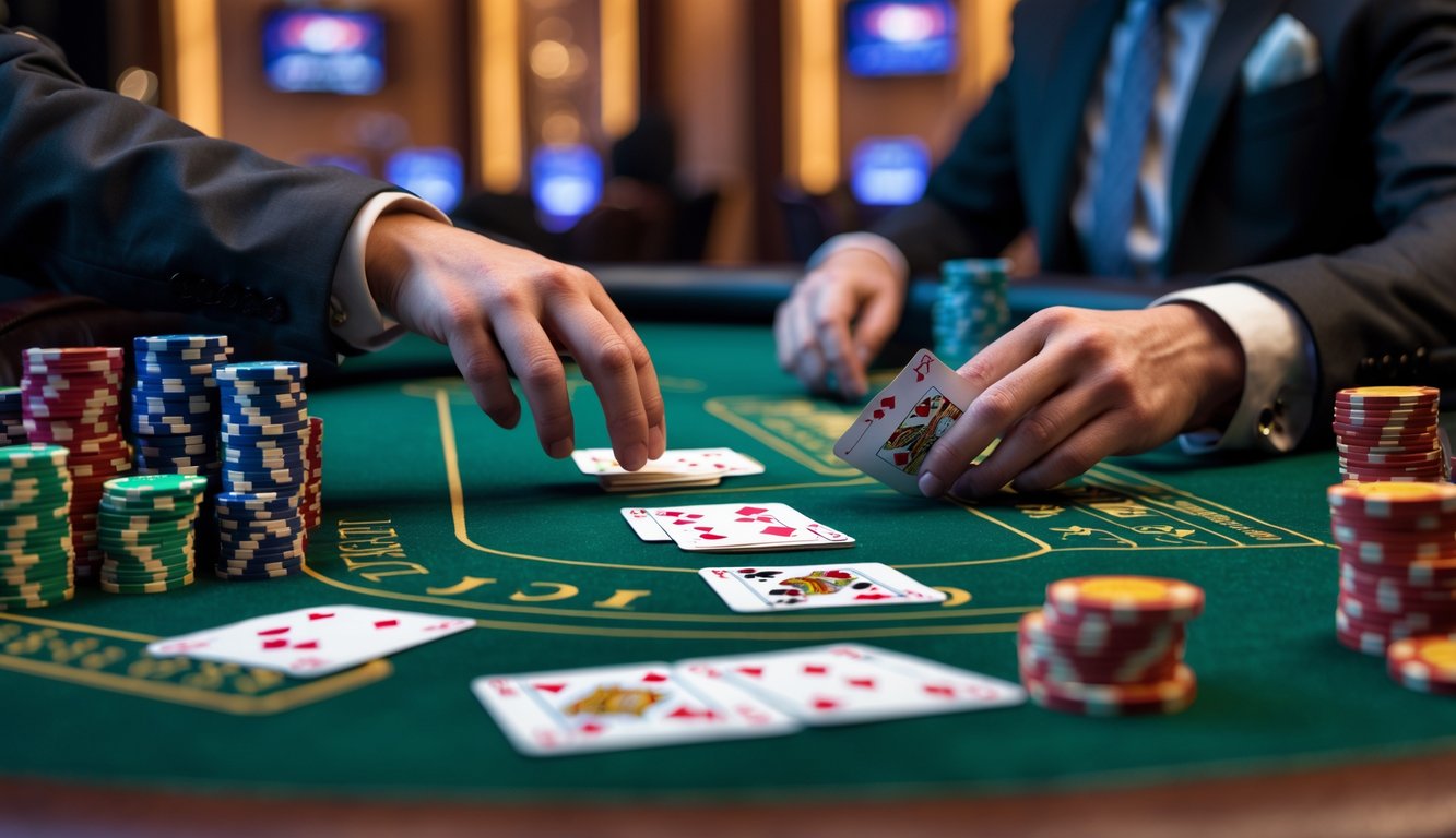 Meja permainan blackjack dengan kartu dan chip poker di kasino langsung, dengan dealer yang sedang membagikan kartu.