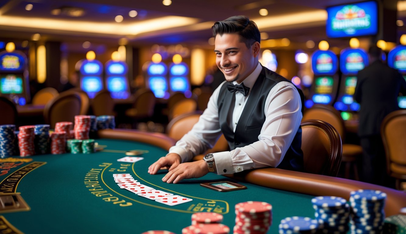 Seorang dealer blackjack asli sedang melayani pemain di meja kasino dengan kartu dan chip taruhan.