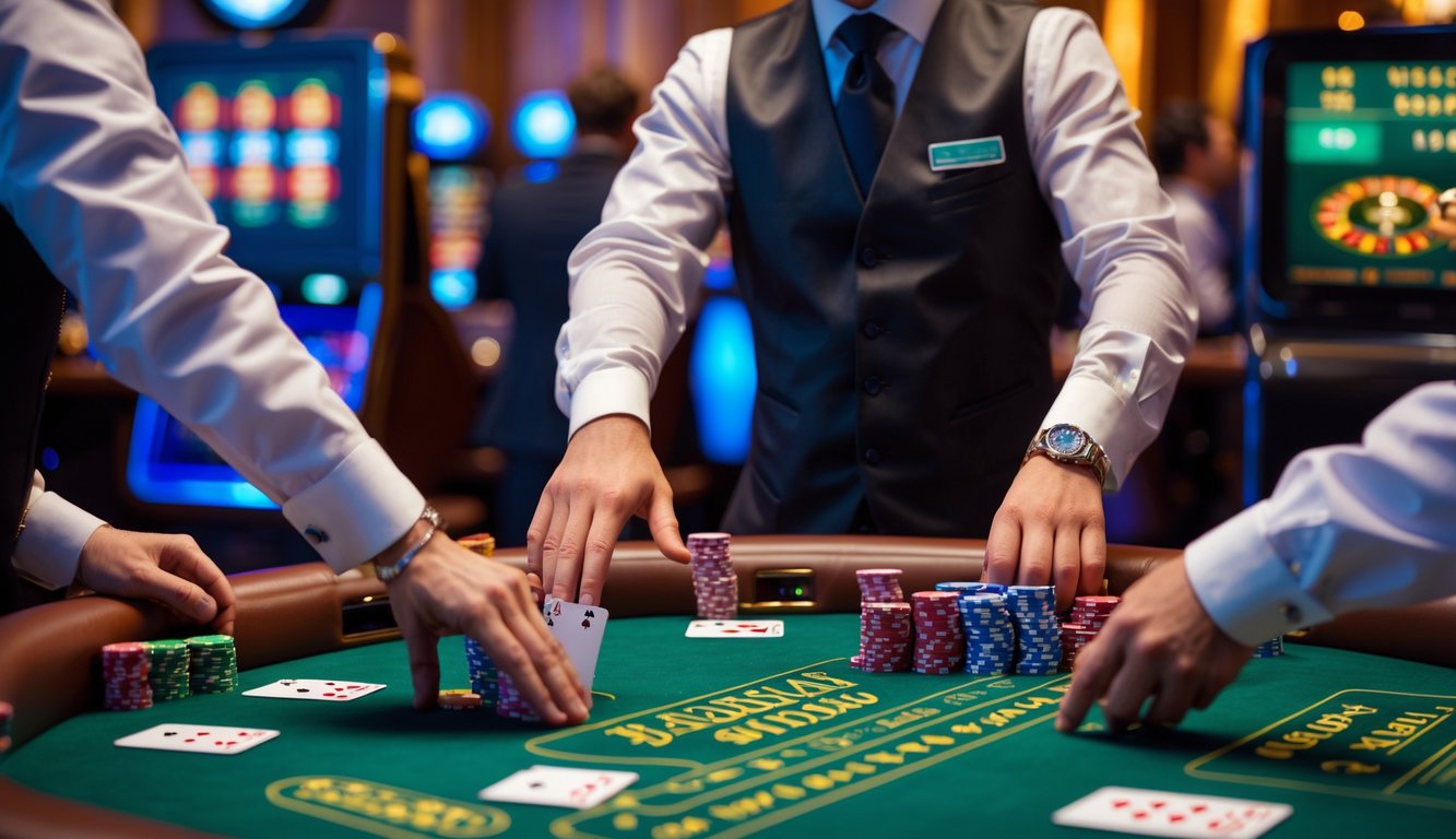 Seorang dealer kasino nyata sedang membagikan kartu di meja blackjack dengan pemain di sekitarnya dalam suasana kasino yang hidup.