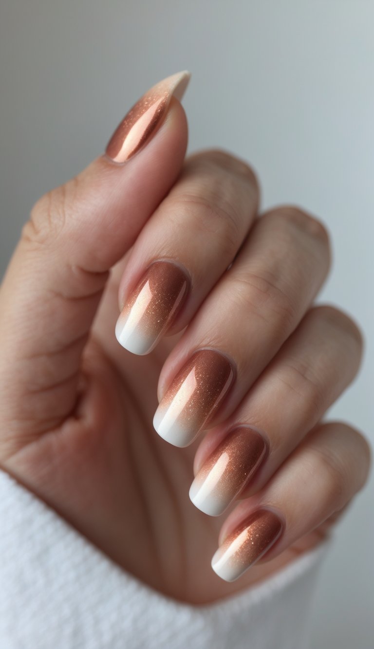 Close-up of a hand with copper gradient nails against a white background.