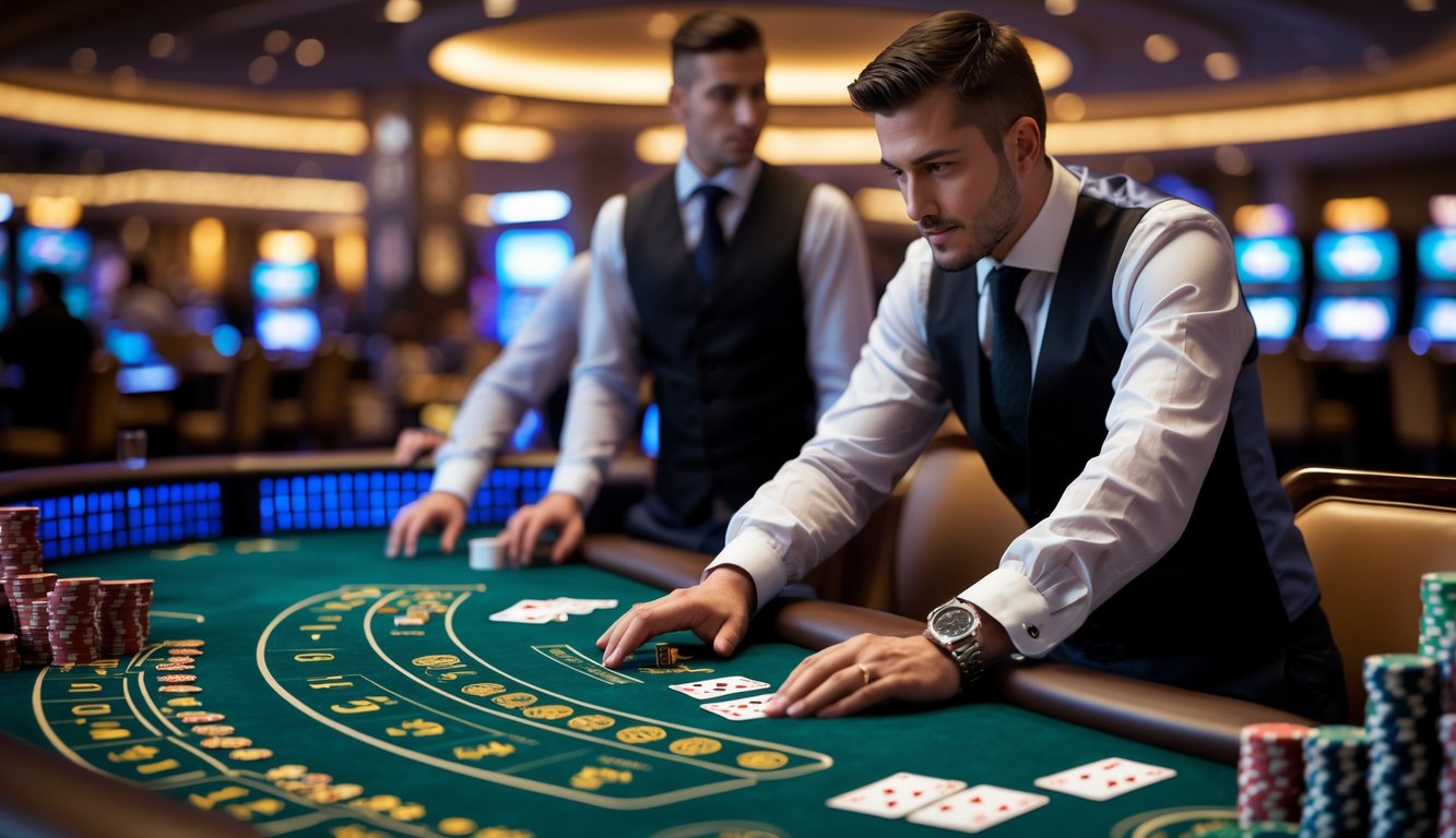 Seorang pemain di meja blackjack kasino langsung sedang memperhatikan kartu dan dealer dengan serius, di meja hijau dengan tumpukan chip dan kartu terlihat jelas.