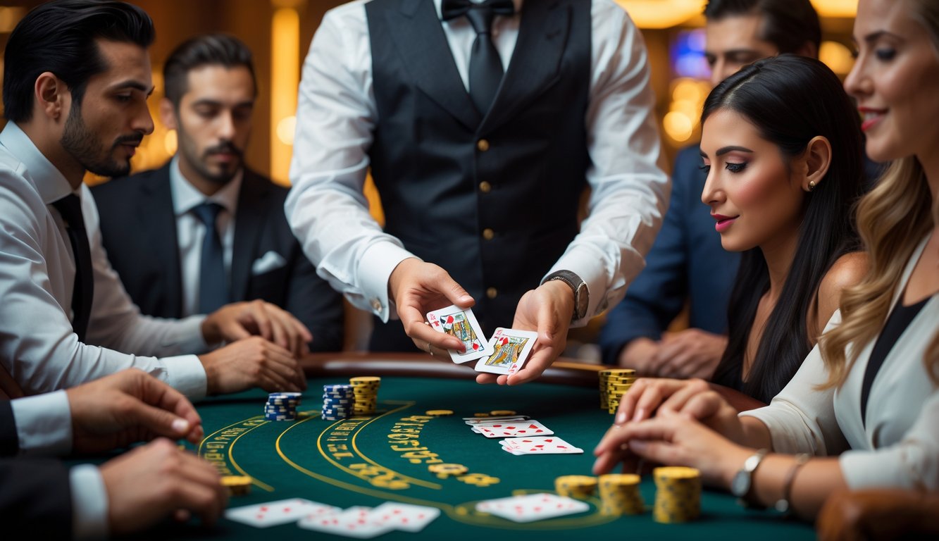 Seorang dealer membagikan kartu blackjack kepada pemain yang fokus di meja kasino hijau dengan chip dan kartu tertata rapi.