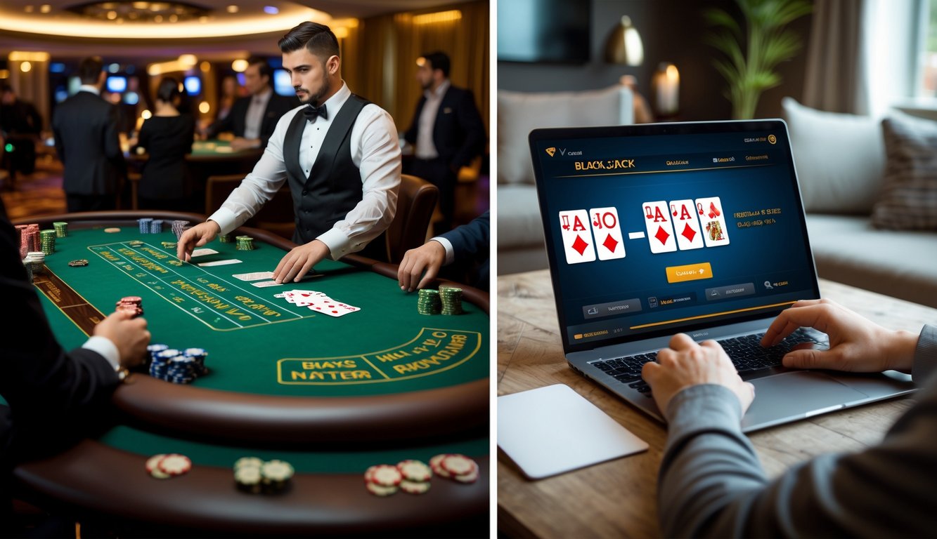 Gambaran perbedaan antara blackjack di kasino langsung dengan dealer dan blackjack online yang dimainkan di rumah menggunakan laptop.