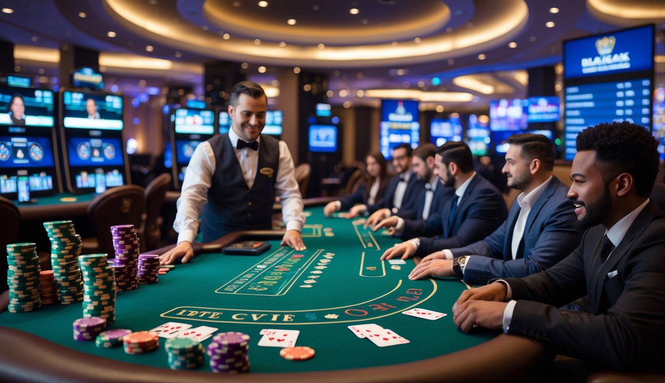 Meja blackjack di kasino dengan dealer dan pemain yang bermain, serta layar digital yang menunjukkan permainan blackjack online.