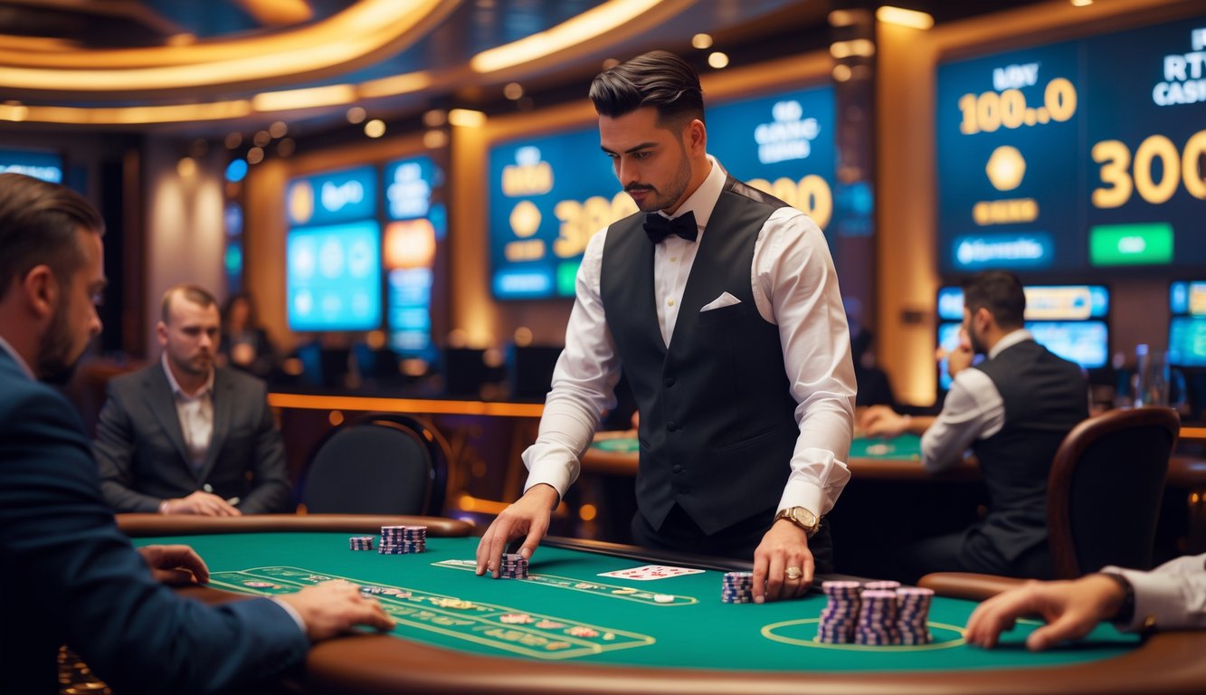 Seorang dealer membagikan kartu di meja blackjack dengan beberapa pemain yang fokus di kasino live yang mewah dan terang.