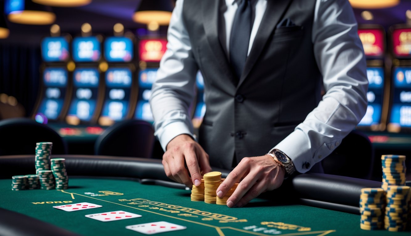 Seorang dealer blackjack di meja kasino langsung yang profesional dengan kartu dan chip, menampilkan suasana kasino yang terpercaya dan menarik.