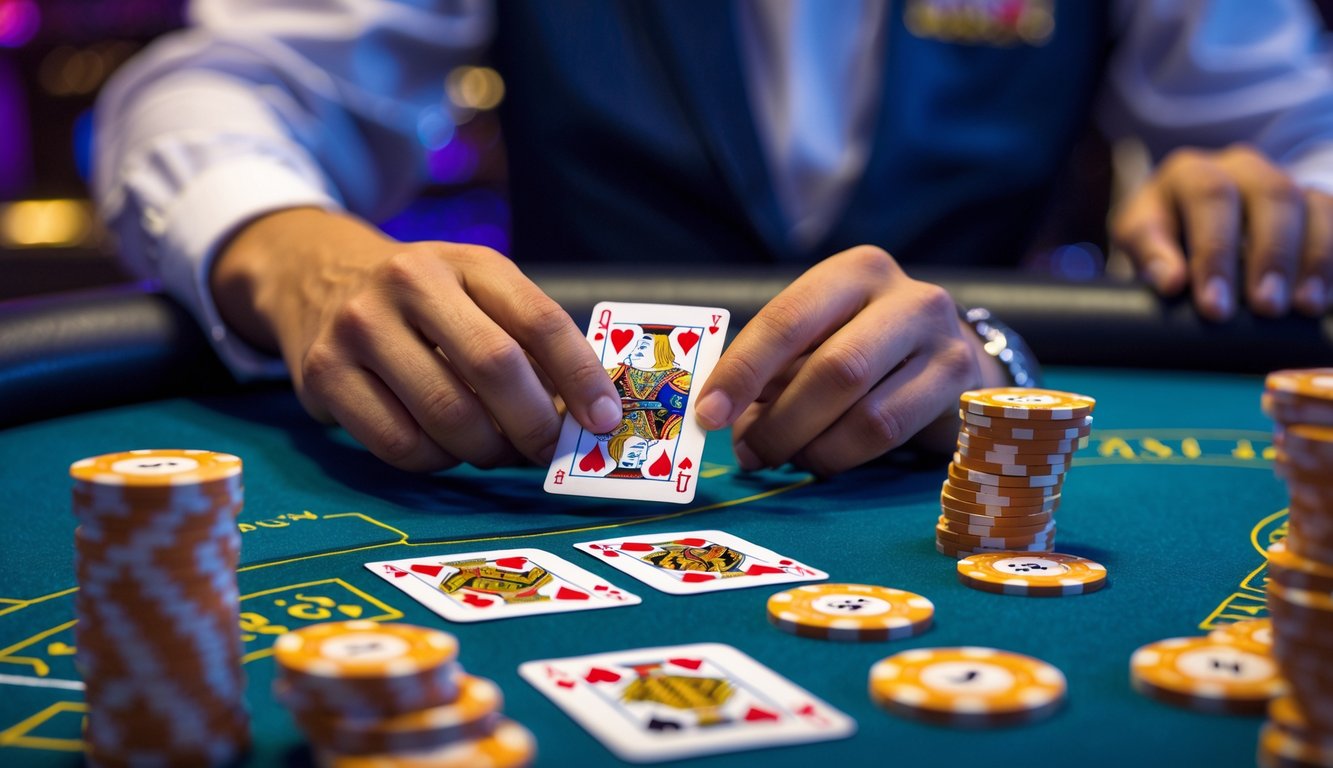 Seorang pemain Indonesia sedang bermain blackjack di meja kasino langsung dengan dealer di latar belakang.