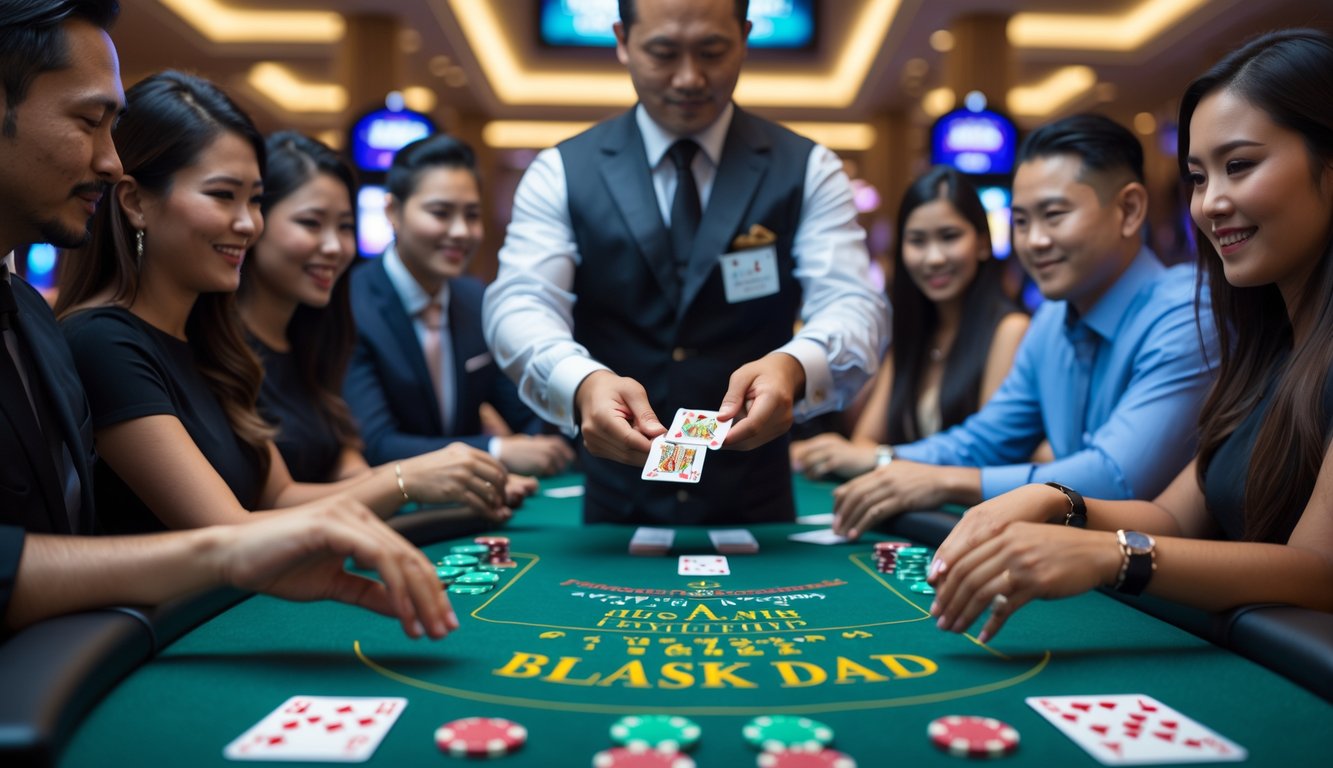 Meja blackjack di kasino langsung dengan dealer dan pemain yang sedang bermain kartu.