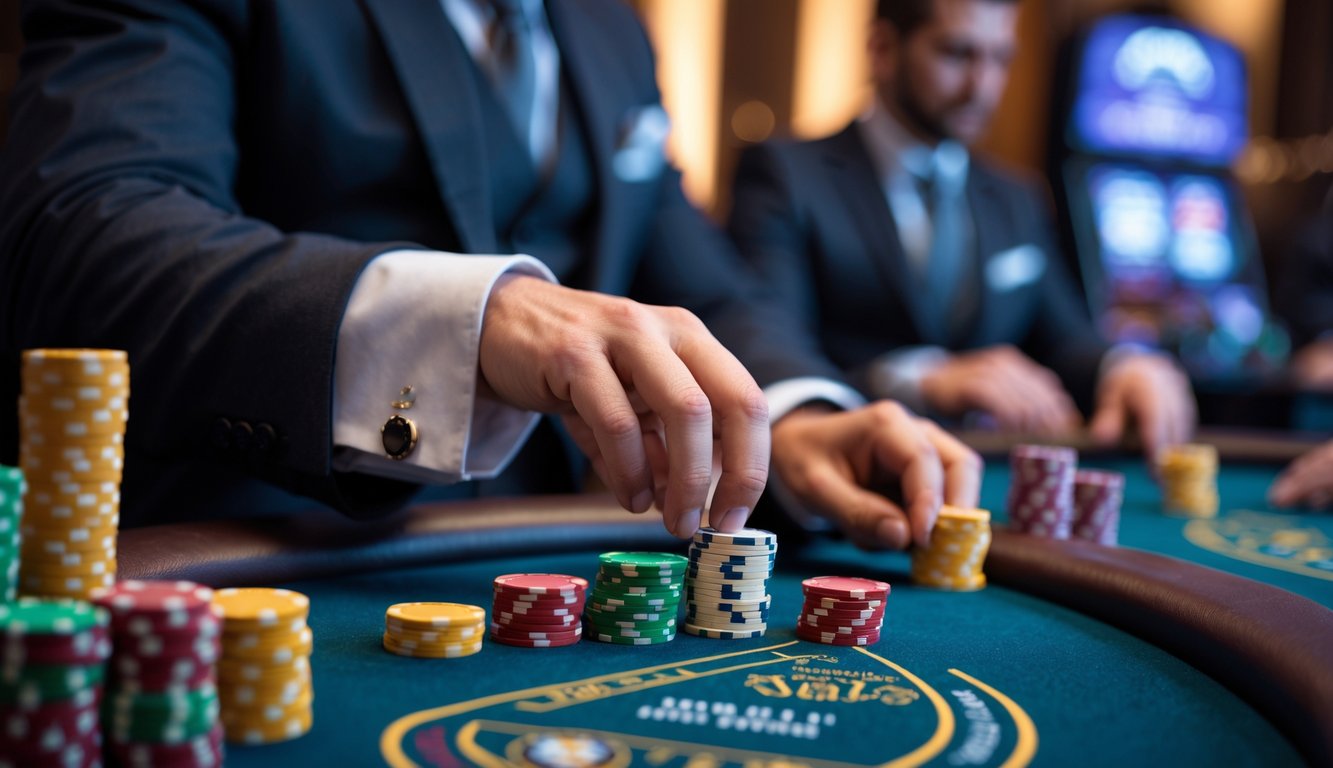 Seorang pemain di meja blackjack live casino sedang menempatkan chip taruhan dengan kartu terlihat dan dealer di latar belakang.