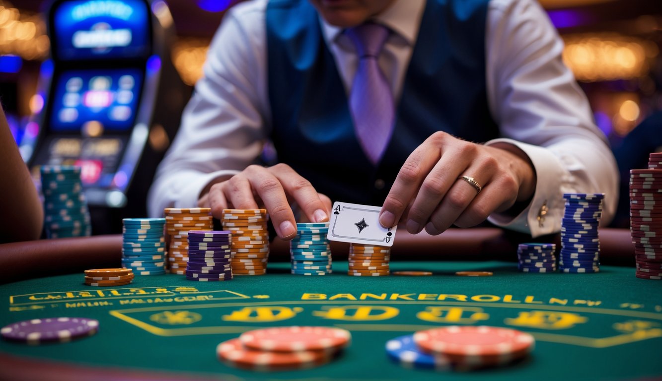 Seorang pemain blackjack di meja kasino sedang mengatur chip dan kartu dengan fokus, di latar belakang terdapat dealer yang membagikan kartu.