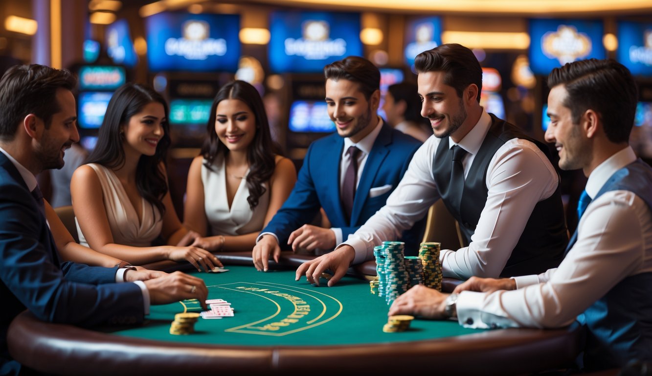 Beberapa pemain dan dealer sedang bermain blackjack di meja kasino dengan suasana ramai dan pencahayaan hangat.