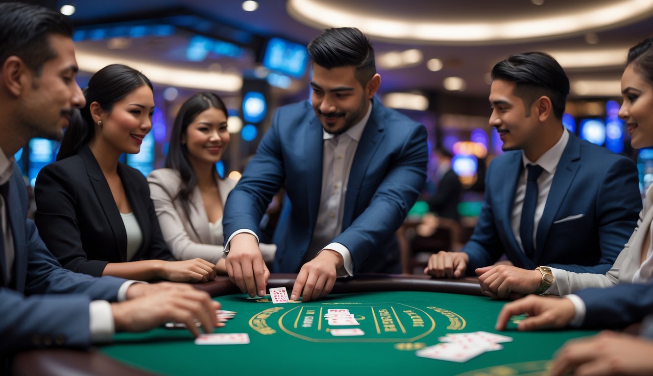 Seorang dealer blackjack yang profesional sedang membagikan kartu kepada pemain yang fokus di meja kasino.