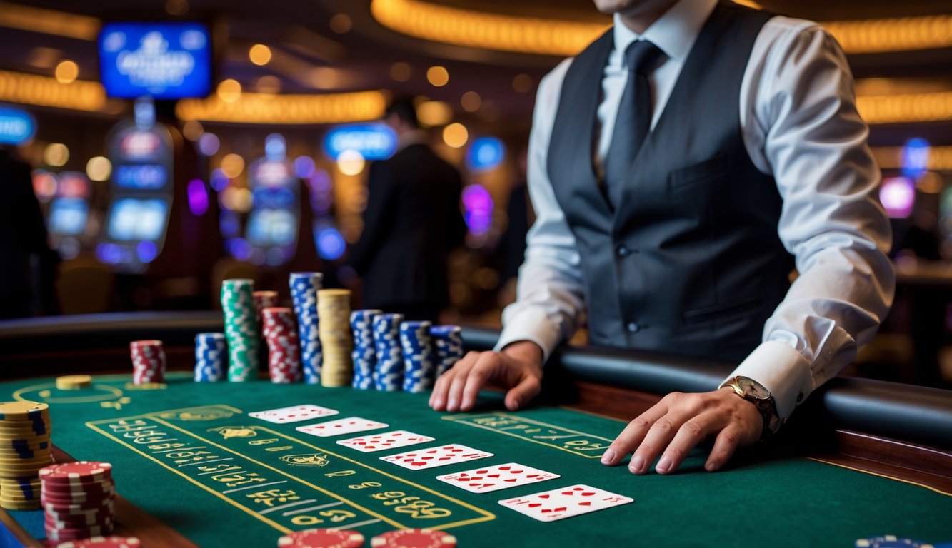 Seorang dealer yang rapi di meja blackjack kasino dengan kartu dan tumpukan chip, suasana kasino yang sibuk di latar belakang.