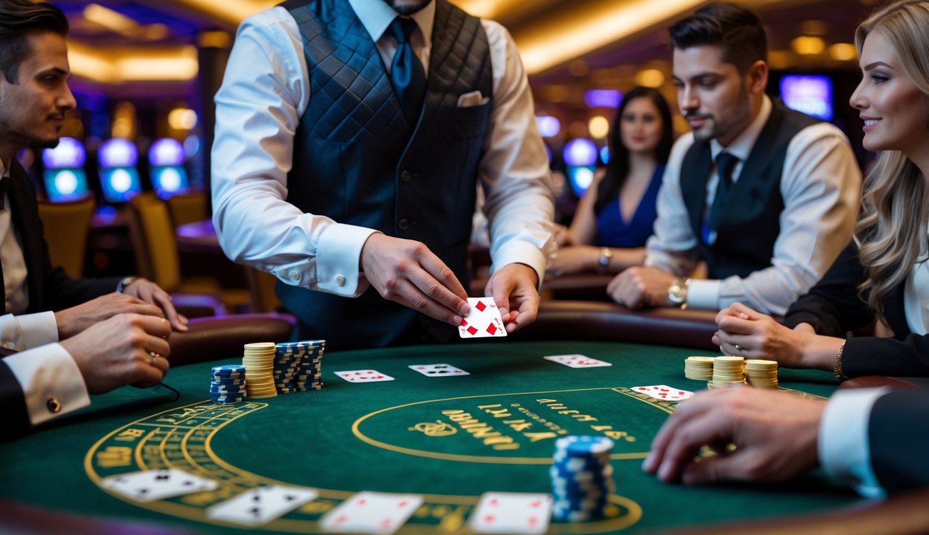 Seorang dealer blackjack sedang membagikan kartu kepada pemain di meja kasino dengan suasana mewah dan pencahayaan hangat.