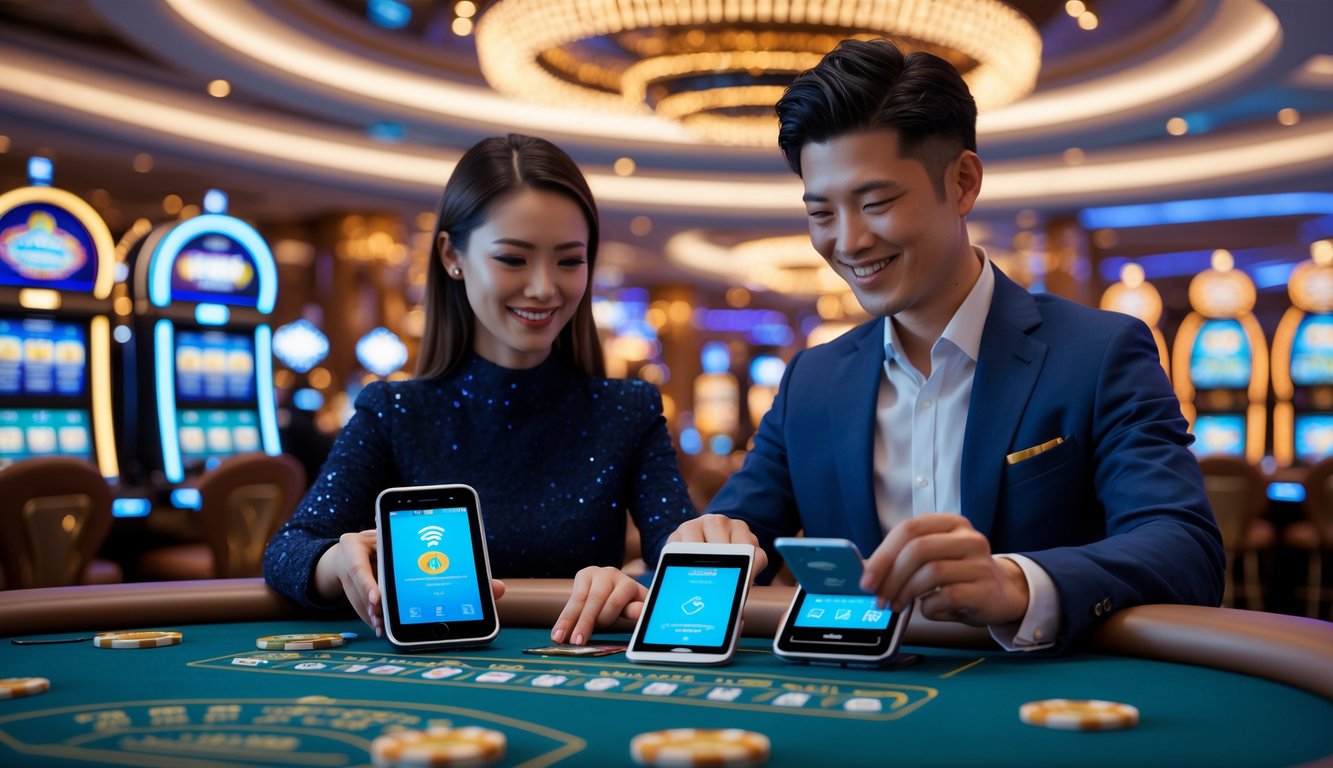 Seorang pria dan wanita Asia yang berpakaian rapi sedang menggunakan perangkat pembayaran digital di meja kasino yang mewah dengan latar belakang mesin slot dan chip permainan.